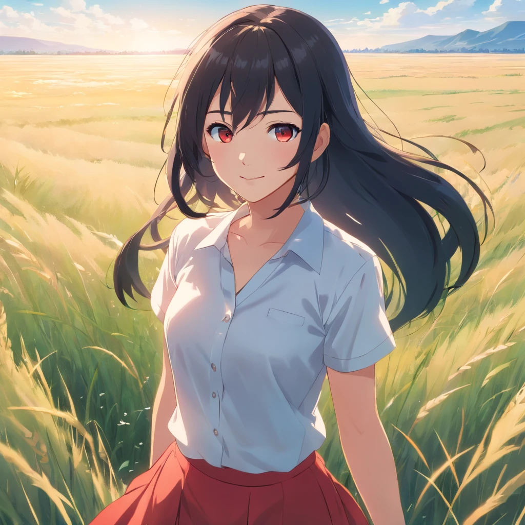 1girl, long black hair, gray eyes, wearing plain white shirt, red skirt, grassland, absurdres, high res, ultrasharp, 8K, masterpiece, looking at viewer, smiling, blue sky