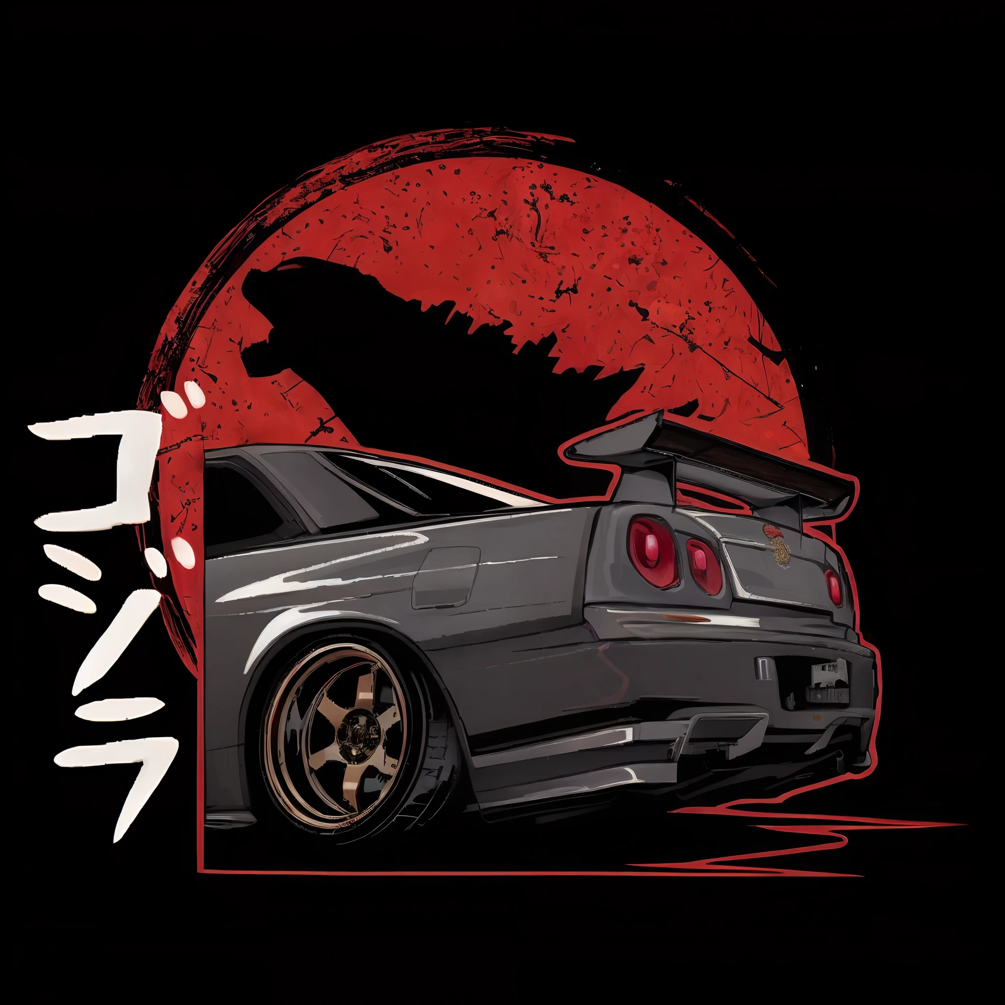 um close up de um carro com um fundo azul e uma lua azul, Nissan GTR R 3 4, japanese cartoon style, impressionante estilo de arte detalhado, akira style illustration, japanese drift car, Juntas Nissan R34 GTR, japanese art style, Akira vibra, inspired by Nōami, inspired by Kanō Hōgai