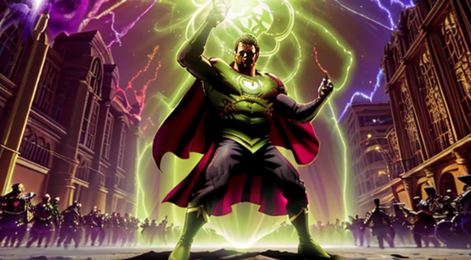 vivid magical mystical background.action-packed scene of a superhero who has the (((Poderoso anel brilhante))) do Lanterna Verde e a magia do furioso Doutor Estranho ((usando barba)) capa vermelha. The superhero must be in a mystical pose, conjuring a powerful spell with his ring and casting it at an enemy. anime fotorrealista de alto detalhe fine line art, octane render unreal engine 5 cinematic, Arte por James Lee, Jon McCoy e Mappa Studios