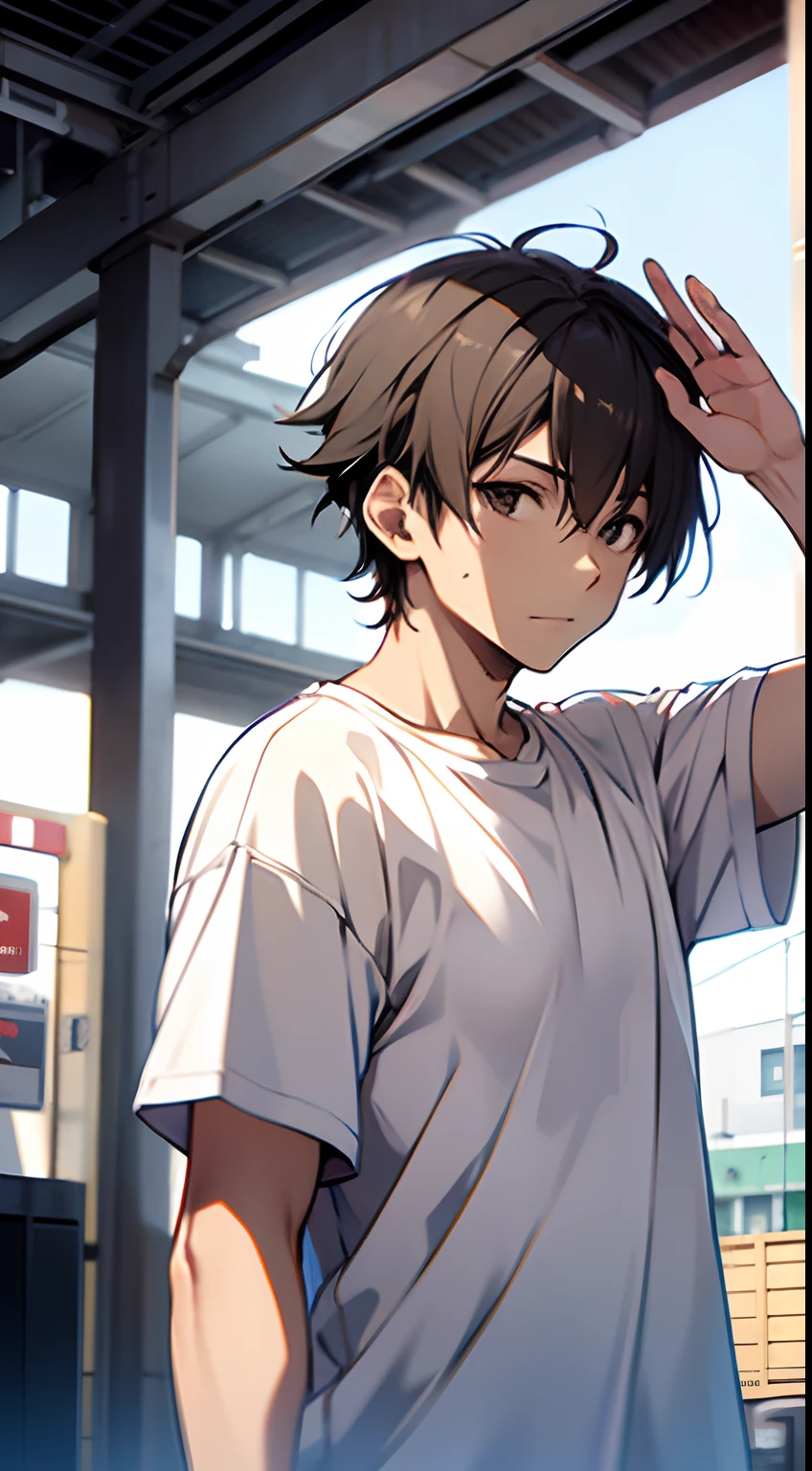 ((Satoshi)) brown short hair, guy, white t-shirt, station, waving