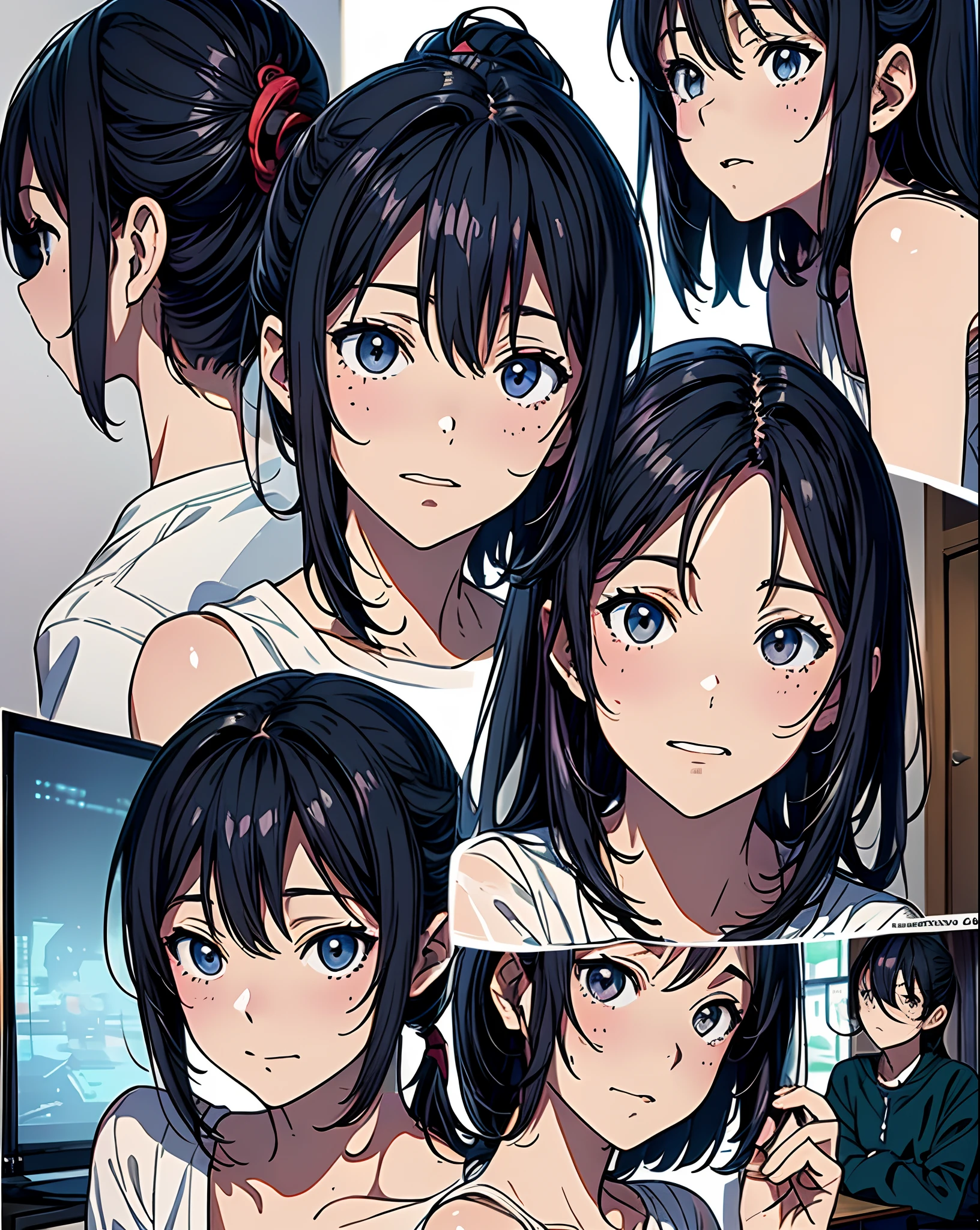 Absurd resolution, high resolution, (masterpiece: 1.4), super detailed, (((detailed face, detailed expression)), two girls, girl and girl, friends, best friends, classmates, relaxing, ponytail, bob, sitting on bed, sitting on the floor, two people conversing, background in room, friends, best friend, home, 1K, small room, curtains, bed, TV, desk, room wear, kyoto animation, The atmosphere of Kyoto Animation, (tearful)