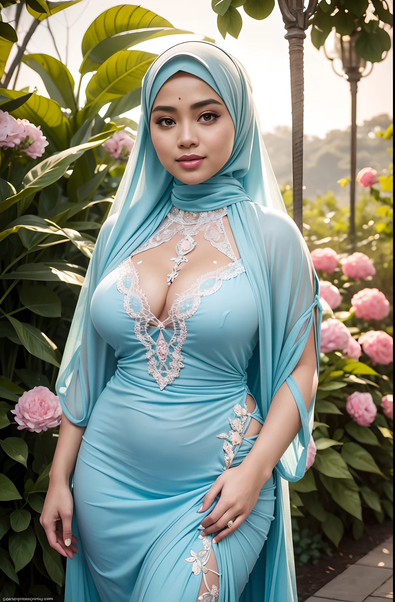 RAW, Best quality, high resolution, masterpiece: 1.3), beautiful Malay woman in hijab,Masterpiece, The art depicts a Malay woman in a hijap  Wearing a wide V-neck dress with lace,pink blous, light blue in color, decorated with intricate patterns and bright colors. The dress covered her curvaceous figure perfectly, highlighting her seductive silhouette. He walked in the flower garden illuminated by the soft light of the morning sun. The scene exudes a smile and is sexy. Her graphic style combines watercolor techniques and digital illustration to evoke sophisticated beauty and charm. The lights were filled with soft sunlight, casting soft highlights and shadows on her charming features. bare thighs, wearing see-through tights, big breasts, three-dimensional facial features, 8k, RAW photos, best quality, high resolution, high quality photos, complex, breast exposure,