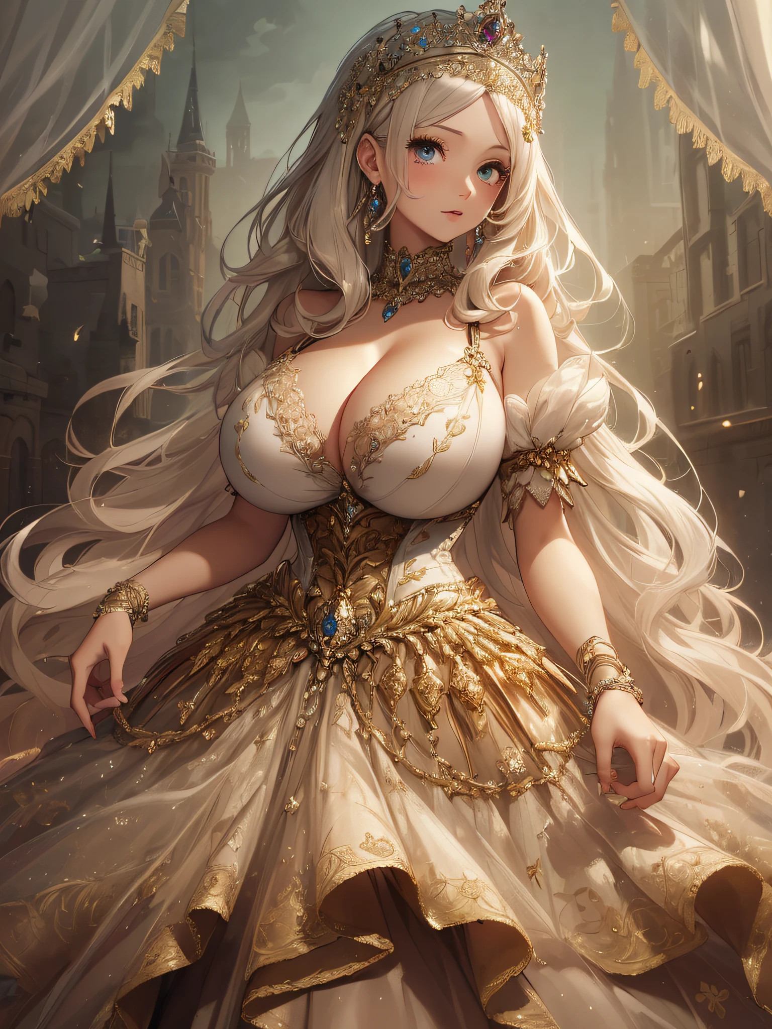 ((anime artstyle)),(Masterpiece),(Best Quality), (Super Detail),((Very Delicate and Beautiful)),cinematic lighting,1 lady,((full body portrait)),((solo)),digital art,(((1 princess in beautiful embroidery and jeweled gorgeous princess rococo ballgown with voluminous full length hoop skirt))),crinoline,long train,((beautiful embroidery and jeweled)),voluminous frills,See-through,(gorgeous embroidery and beautiful lace),(((gigantic tits,skindentation,gigantic cleavage breasts))),cleavage,((large amount of straight hair,extremely voluminous Hair,Very Long Straight Hair)),((finely detailed face and eyes)),clear pupil,extremely gorgeousfull hair ornament,(bling-bling jeweled extremely gorgeousfull tiara),(bling-bling gorgeous gemstone jewelry),long veil,(beautiful background),(full body),((gorgeous princess rococo ballgown with voluminous full length hoop skirt))