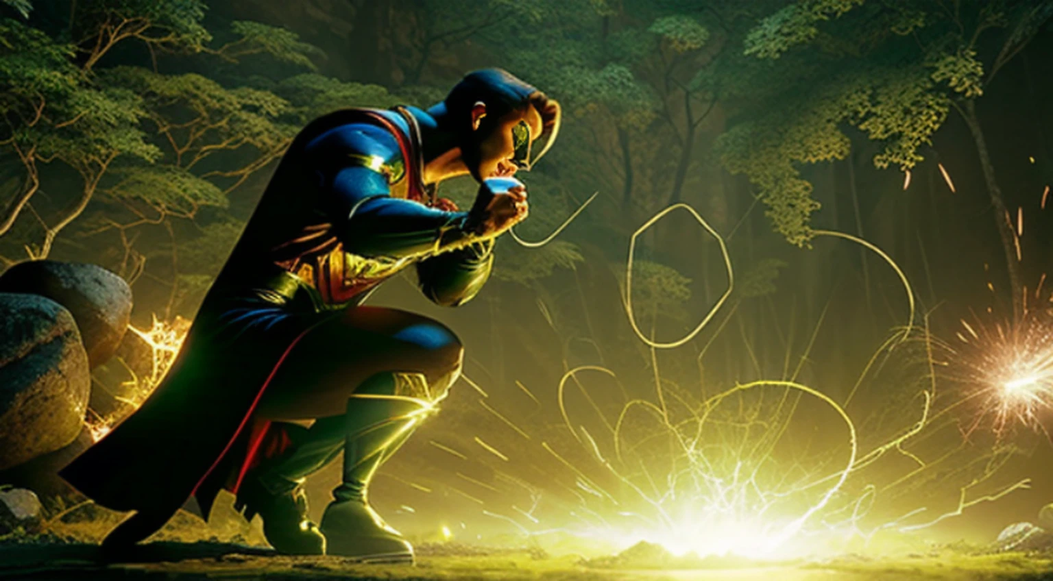 vivid magical mystical background.action-packed scene of a superhero who has the (((Poderoso anel brilhante))) do Lanterna Verde e a magia do furioso Doutor Estranho ((usando barba)) capa vermelha. The superhero must be in a mystical pose, conjuring a powerful spell with his ring and casting it at an enemy. anime fotorrealista de alto detalhe fine line art, octane render unreal engine 5 cinematic, Arte por James Lee, Jon McCoy e Mappa Studios