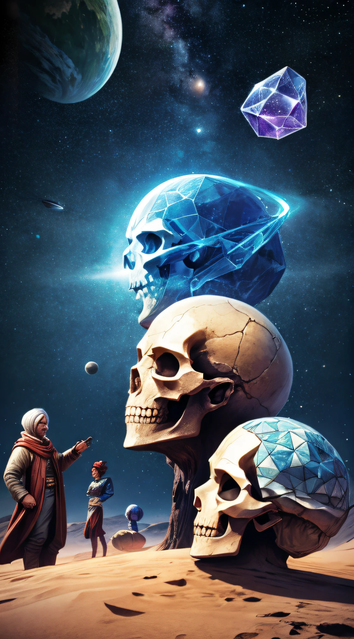 Depict a scene where representatives from different planets gather around a giant crystal skull, engaging in interplanetary diplomacy and knowledge exchange.