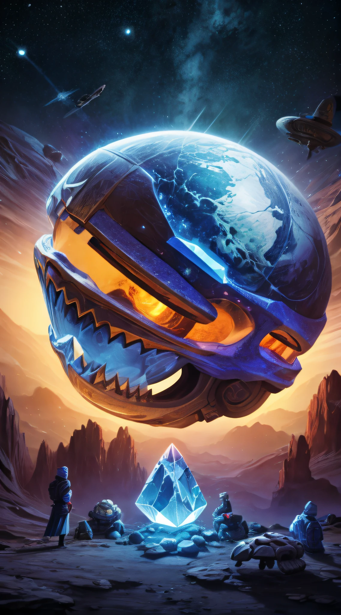 Depict a scene where representatives from different planets gather around a giant crystal skull, engaging in interplanetary diplomacy and knowledge exchange.