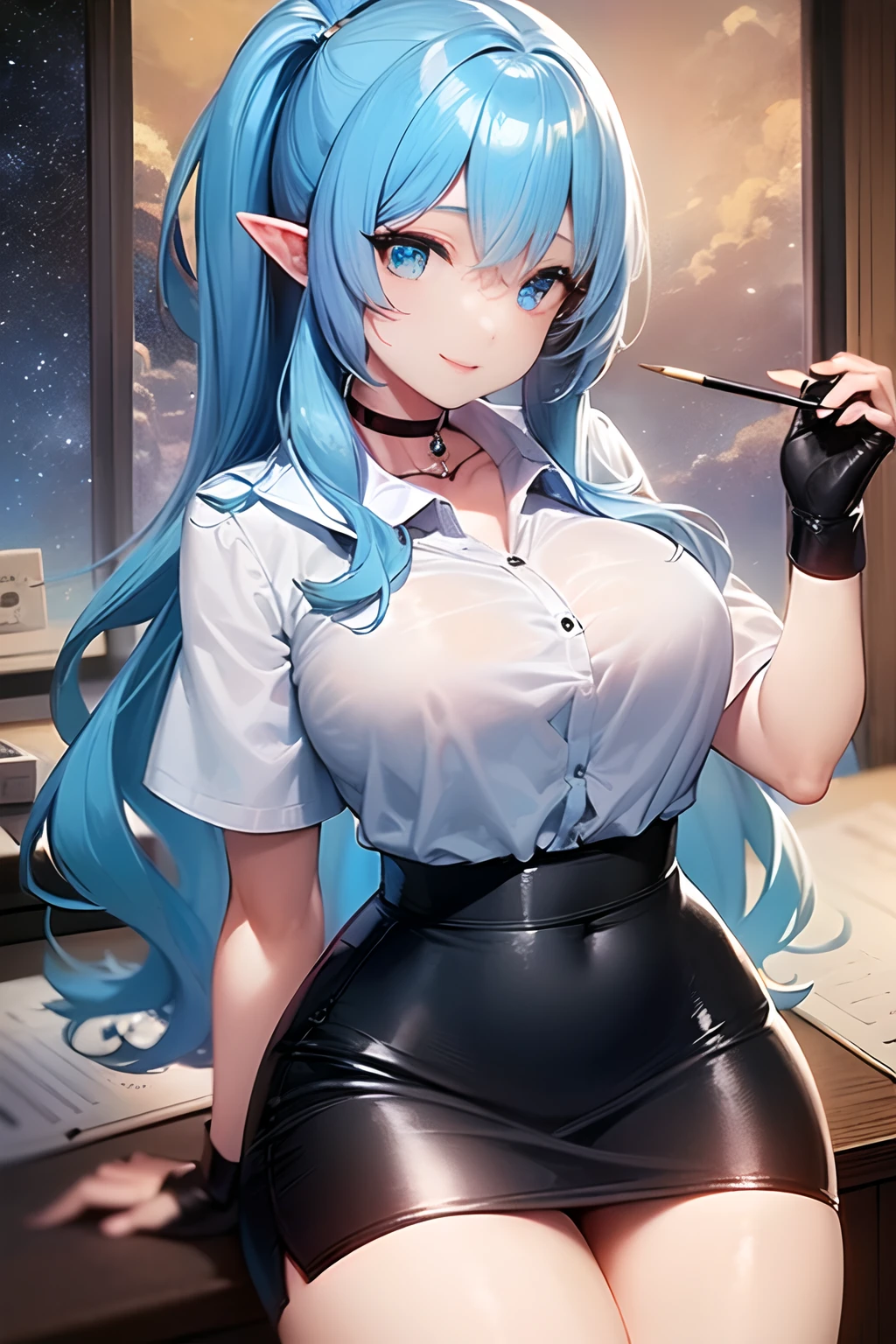 a secretary, ((Kyoto Animation Style)), super precision, ​masterpiece, very extremely beautiful, very detailed face and eyes, Princess Face, ((One adult woman)), ((Solo:1.5)), Big eyes, ((sky blue hair:2.0)), (Blue eyes:1.5), ((Very long hair)), ((Straight hair)), ((poneyTail:1.5)), ((Large breasts)), elf-ears, ((耳Nipple Ring:1.5)), BREAK, ((a black choker:1.5)), Faint lips, Professional Lighting, (25 years old), Narrow waist, Shiny skin, ((Oiled skin)), glistning skin, Looking at Viewer, ((pencil skirts)), ((White blouses:1.5)), pin heels, Latex, s Office, inside in room, ((A smile)), ((cowboy  shot:1.5)), skinny thigh, Sexy, half-opened mouth,