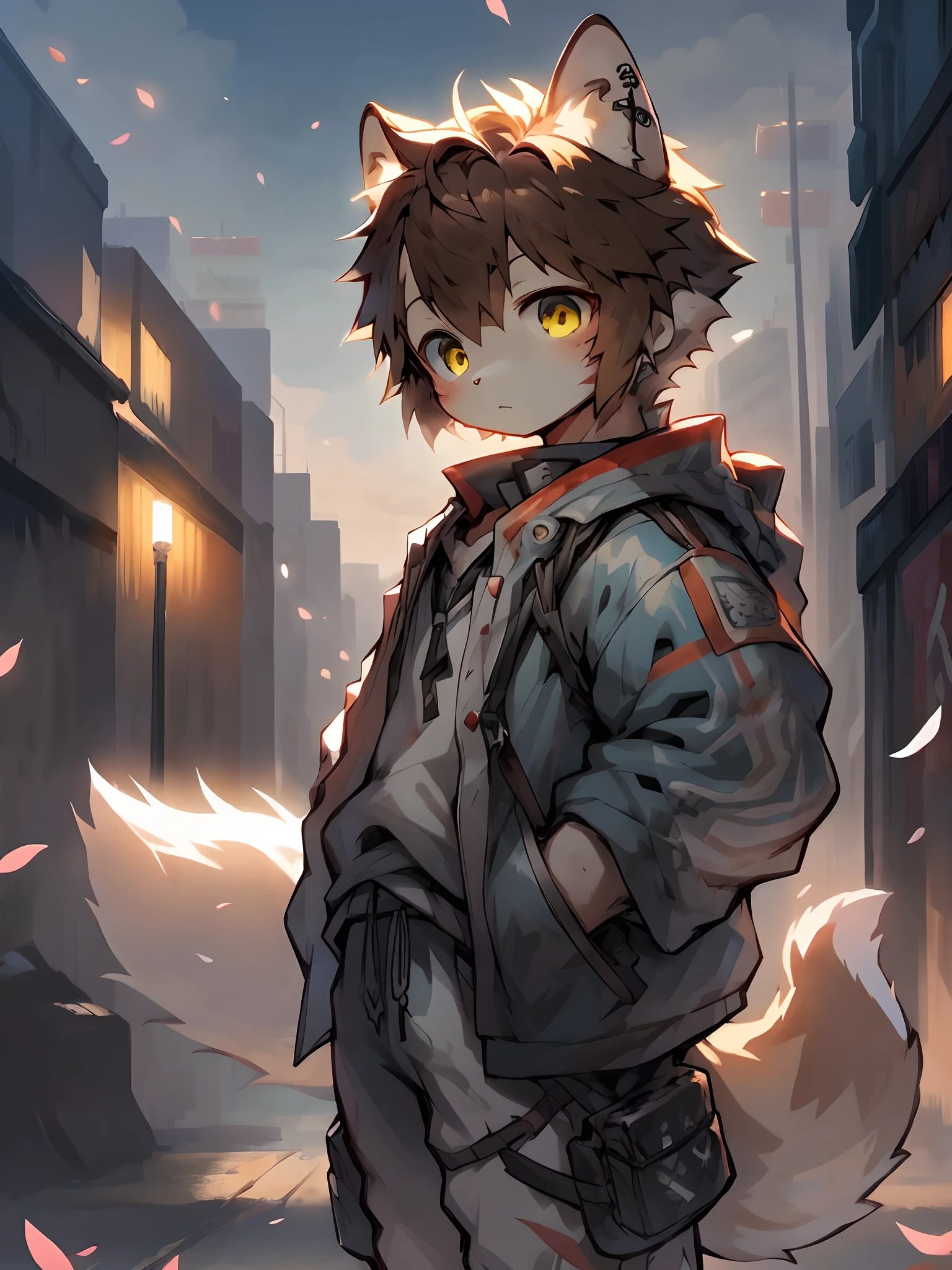 The cutest young fox boy, brown hair, yellow eyes, wearing trendy hip hop clothing, tons of tattoos and piercings, in downtown city metropolis, graffiti style background, highly detailed background, beautiful bright and sunny day, cherry blossoms blowing in the wind, ambient lights、Natural soft light、Tyndall effect, Advanced film lighting、Unreal Engine5、Extremely realistic、A high resolution、adolable,by Pino Daeni, canyne khai, milkytiger1145, Dagasi, Yupa, perfect masterpiece, high quality, high resolution