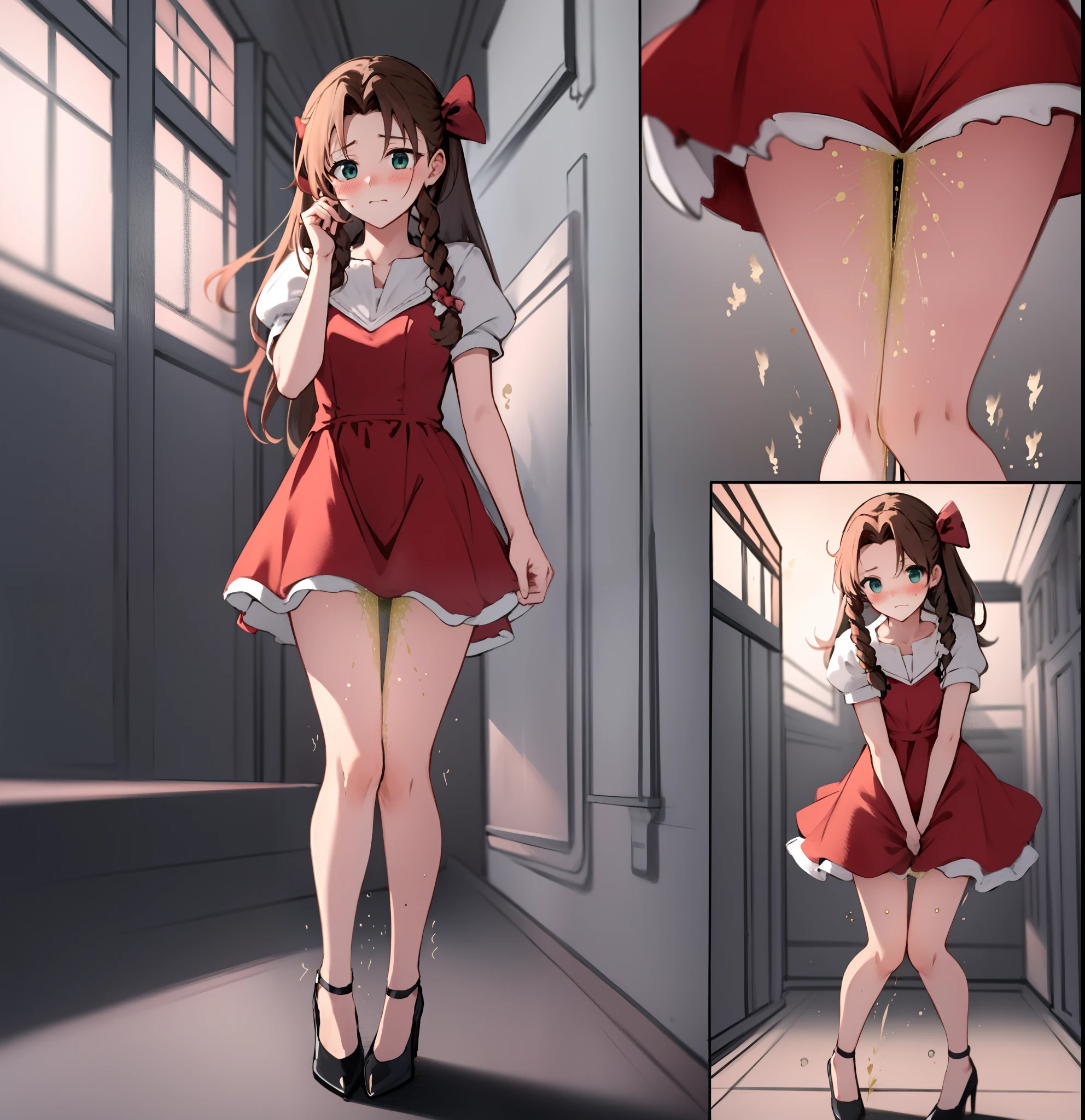 multi view, full body, beautiful face, upskirt, Aerith, a3r1th, aerith, standing on concert stage in spotlight, peeing self, have to pee, standing legs crossed, trembling, worried, blushing, high heels with bows, shy, puddle of urine, green_eyes, humiliated, looking down, flushed, panicked, full face blush, blushing, shy, terrified, tight fitting fancy red dress