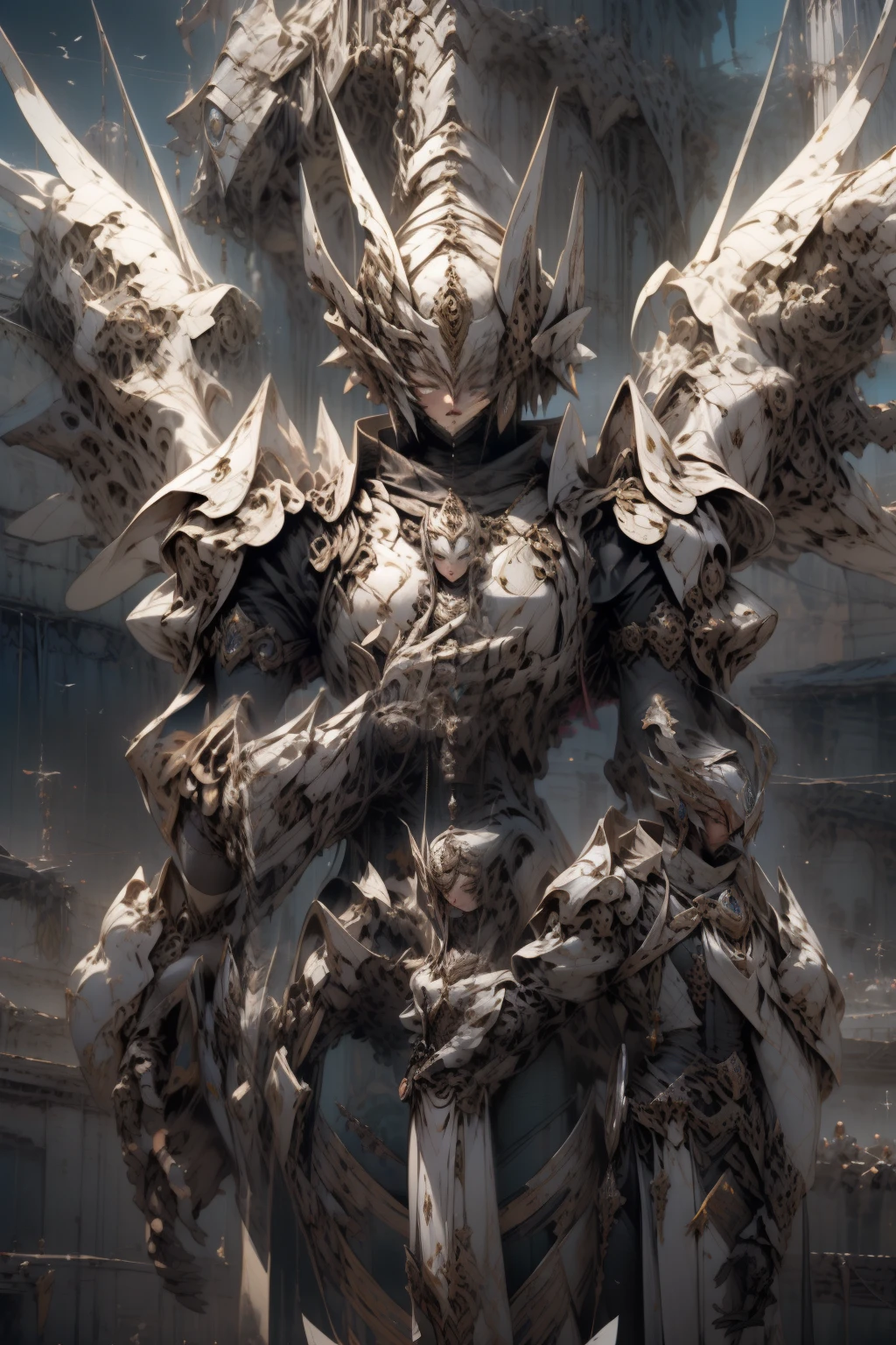 um close up de uma pessoa com uma espada e asas, Estilo de Raymond Swanland, epic exquisite character art, inspirado em Raymond Swanland, 2. 5 d cgi anime fantasia arte, arte de fantasia digital 2d detalhada, coberto com armadura de prata completa, arte de fantasia detalhada, vestido com armadura leve, arte de fantasia altamente detalhada, epic fantasy character art, arte de personagem impressionante