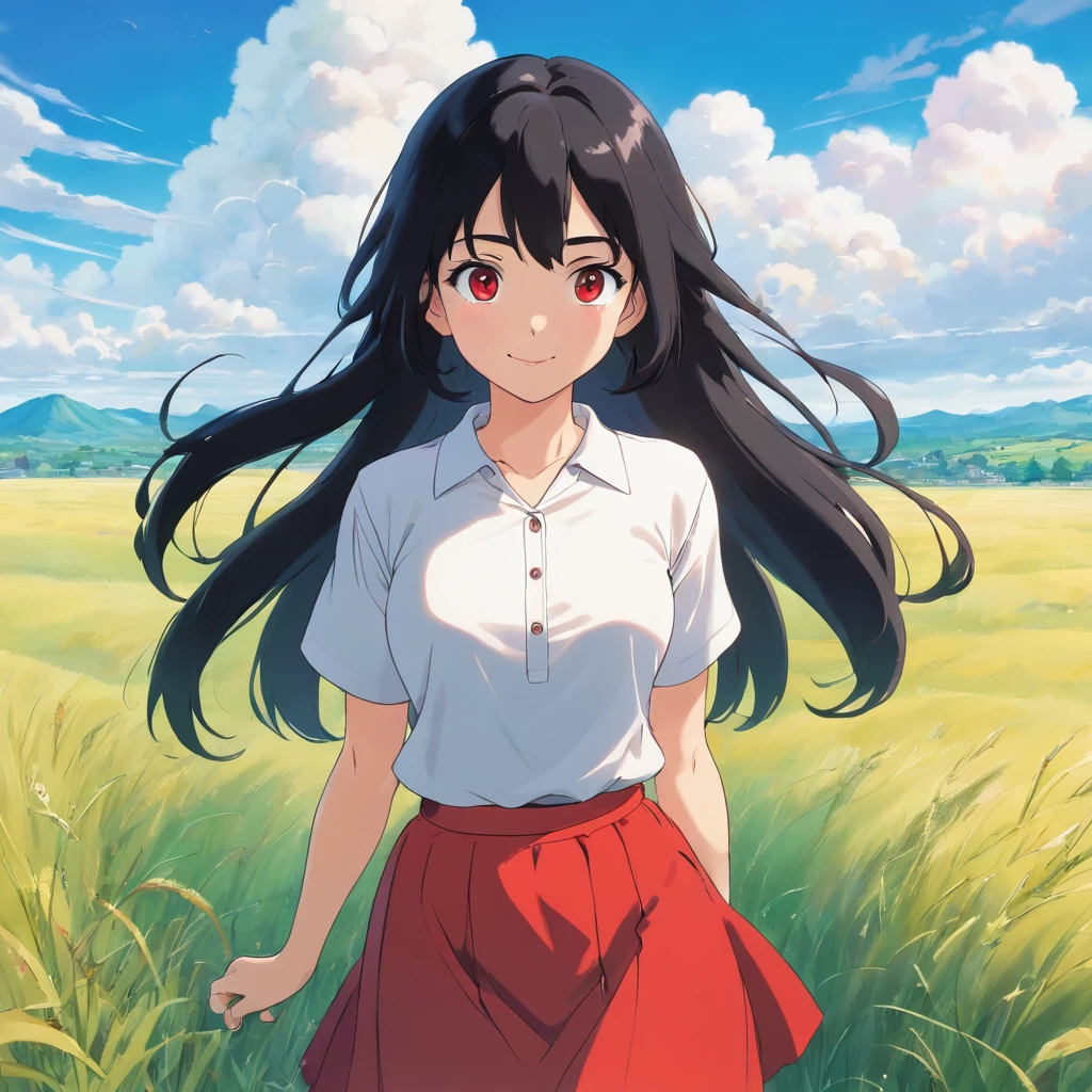 1girl, long black hair, gray eyes, wearing plain white shirt, red skirt, grassland, absurdres, high res, ultrasharp, 8K, masterpiece, looking at viewer, smiling, blue sky