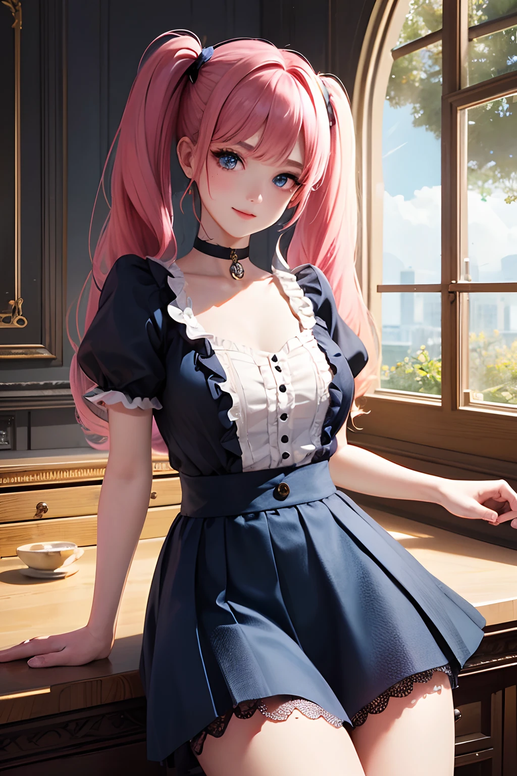 1girl in、looking at the viewers、
The upper part of the body、Beautiful blue eyes、Twin tails pink hair color、Moles under the eyes、Plump and glossy lips、Heart-shaped choker、gazing at viewer、smiling at the viewer、。.。.。.。.。.。.。.。.。.。.。.。.。.。.。.。.。.。.。.。.。.。.。.。.。.3D、realisitic、
Blouses with ruffles、Ultra mini skirt、florals、Lace trim、Luxurious rooms with luxurious décor、
masterpiece、top-quality、8K、detailed skin textures、Detailed Cloth Texture、beautifull detailed face、intricate-detail、ultra-detailliert、
Rim lighting、Side lighting、ciinematic light、超A high resolution、8K UHD、film grains、Best Shadow、delicated、gazing at viewer、front facing