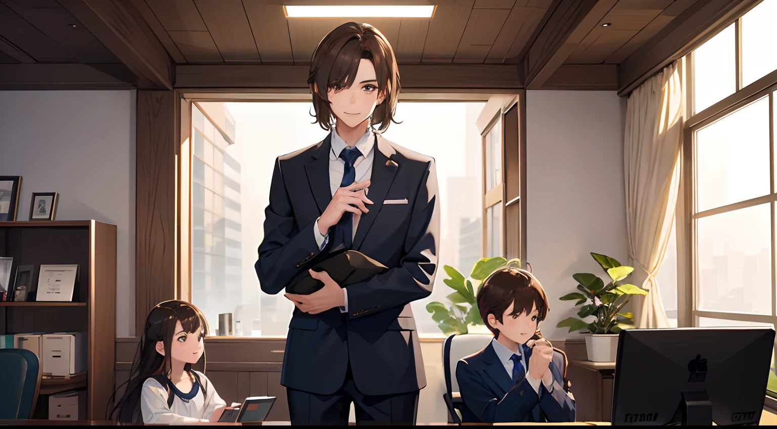 One office worker man(Brown hair, length that does not stick to the shoulders、a 、Medieval one、Wearing a suit)、Greeting with a smile、s Office