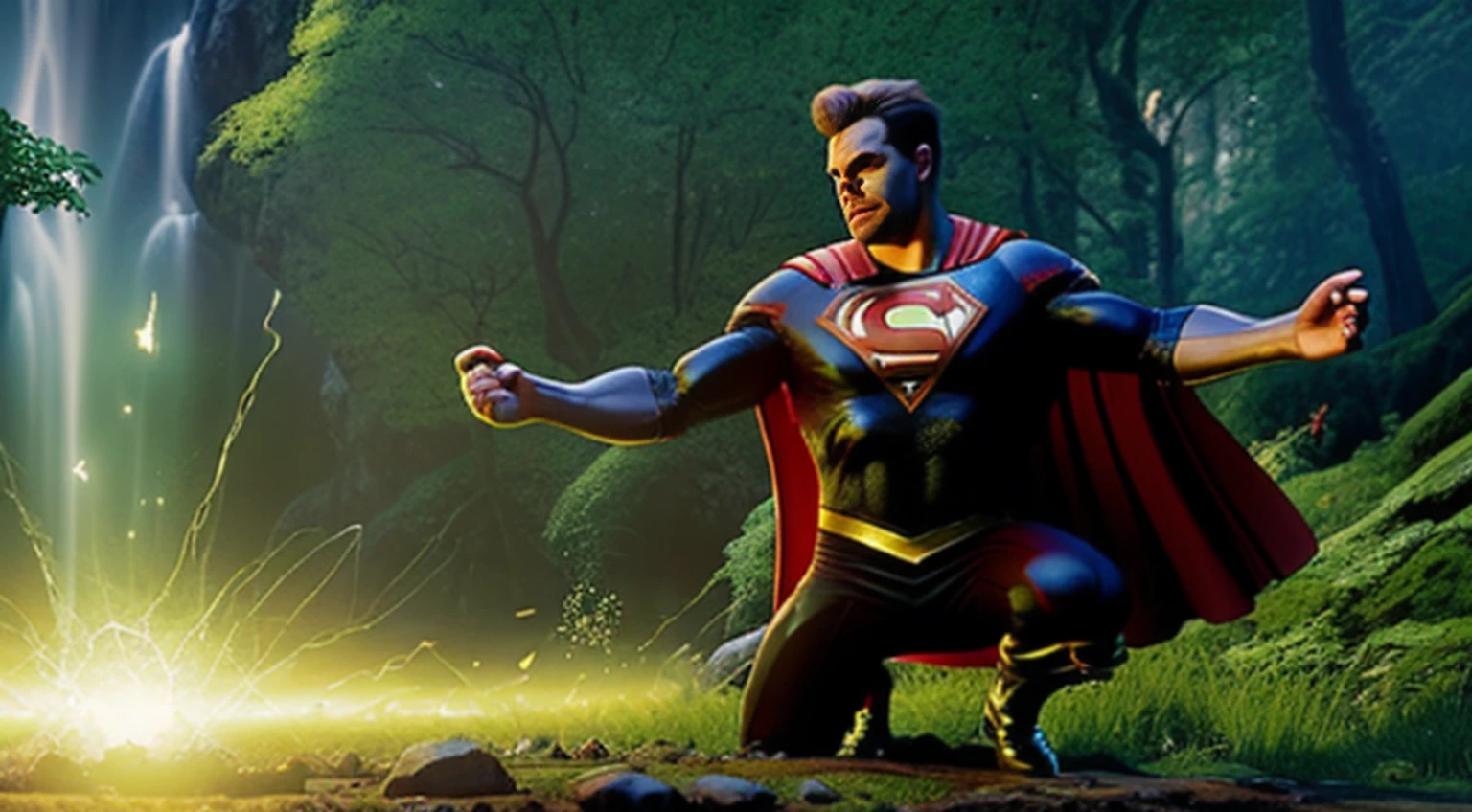 vivid magical mystical background.action-packed scene of a superhero who has the (((Poderoso anel brilhante))) do Lanterna Verde e a magia do furioso Doutor Estranho ((usando barba)) capa vermelha. The superhero must be in a mystical pose, conjuring a powerful spell with his ring and casting it at an enemy. anime fotorrealista de alto detalhe fine line art, octane render unreal engine 5 cinematic, Arte por James Lee, Jon McCoy e Mappa Studios