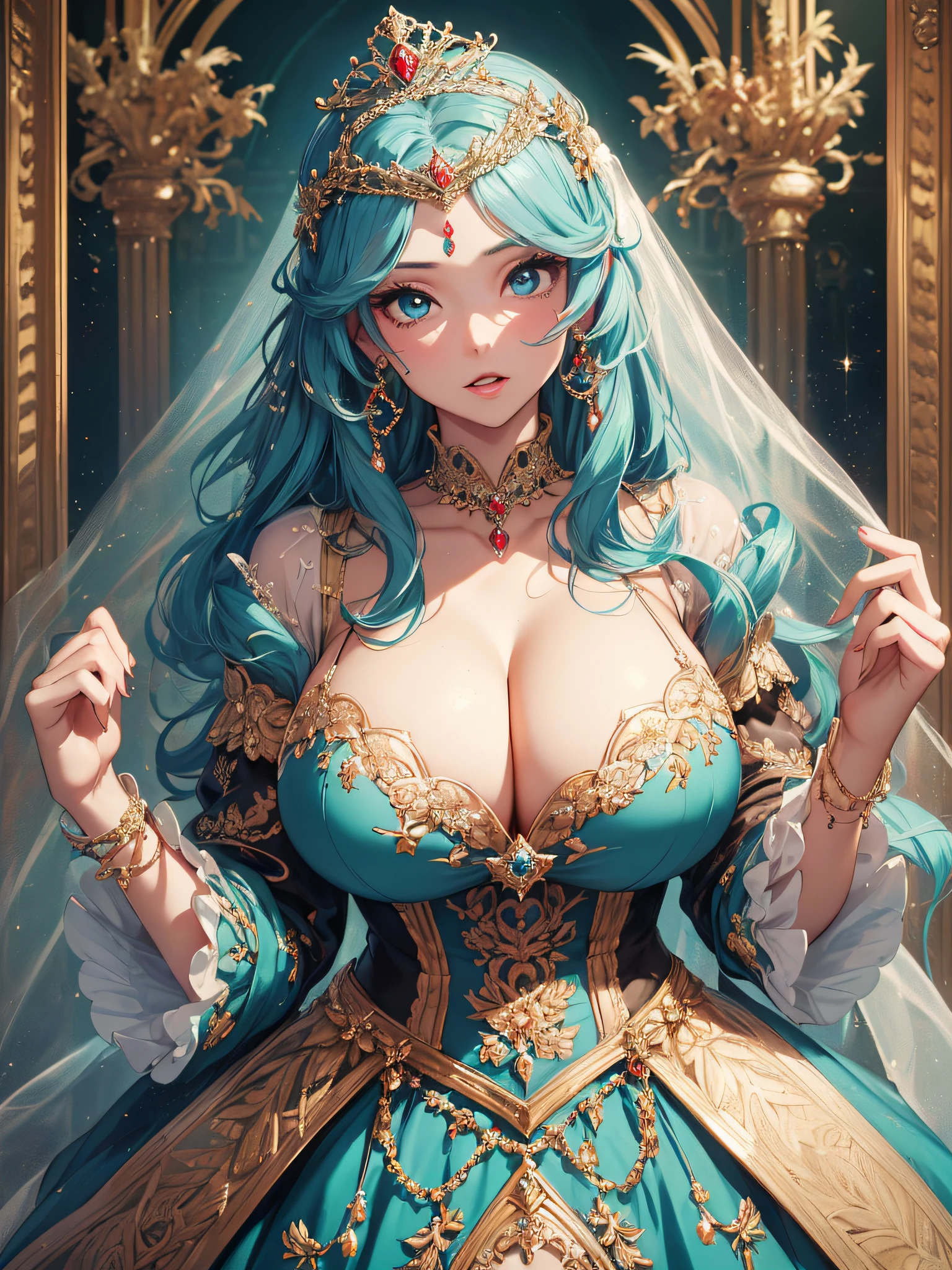 ((anime artstyle)),(Masterpiece),(Best Quality), (Super Detail),((Very Delicate and Beautiful)),cinematic lighting,1 lady,((full body portrait)),((solo)),digital art,(((1 princess in beautiful embroidery and jeweled gorgeous princess rococo ballgown with voluminous full length hoop skirt))),crinoline,long train,((beautiful embroidery and jeweled)),voluminous frills,See-through,(gorgeous embroidery and beautiful lace),(((gigantic tits,skindentation,gigantic cleavage breasts))),cleavage,((large amount of straight hair,extremely voluminous Hair,Very Long Straight Hair)),((finely detailed face and eyes)),clear pupil,((((extremely gorgeousfull hair ornament,bling-bling jeweled extremely gorgeousfull tiara)))),(bling-bling gorgeous gemstone jewelry),long veil,(beautiful background),(full body),((gorgeous princess rococo ballgown with voluminous full length hoop skirt))