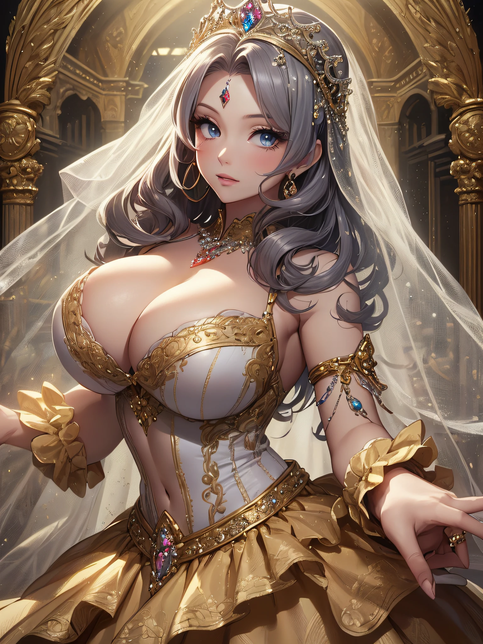 ((anime artstyle)),(Masterpiece),(Best Quality), (Super Detail),((Very Delicate and Beautiful)),cinematic lighting,1 lady,((full body portrait)),((solo)),digital art,(((1 princess in beautiful embroidery and jeweled gorgeous princess rococo ballgown with voluminous full length hoop skirt))),crinoline,long train,((beautiful embroidery and jeweled)),voluminous frills,See-through,(gorgeous embroidery and beautiful lace),(((gigantic tits,skindentation,gigantic cleavage breasts))),cleavage,((large amount of straight hair,extremely voluminous Hair,Very Long Straight Hair)),((finely detailed face and eyes)),clear pupil,((((extremely gorgeousfull hair ornament,bling-bling jeweled extremely gorgeousfull tiara)))),(bling-bling gorgeous gemstone jewelry),long veil,(beautiful background),(full body),((gorgeous princess rococo ballgown with voluminous full length hoop skirt))