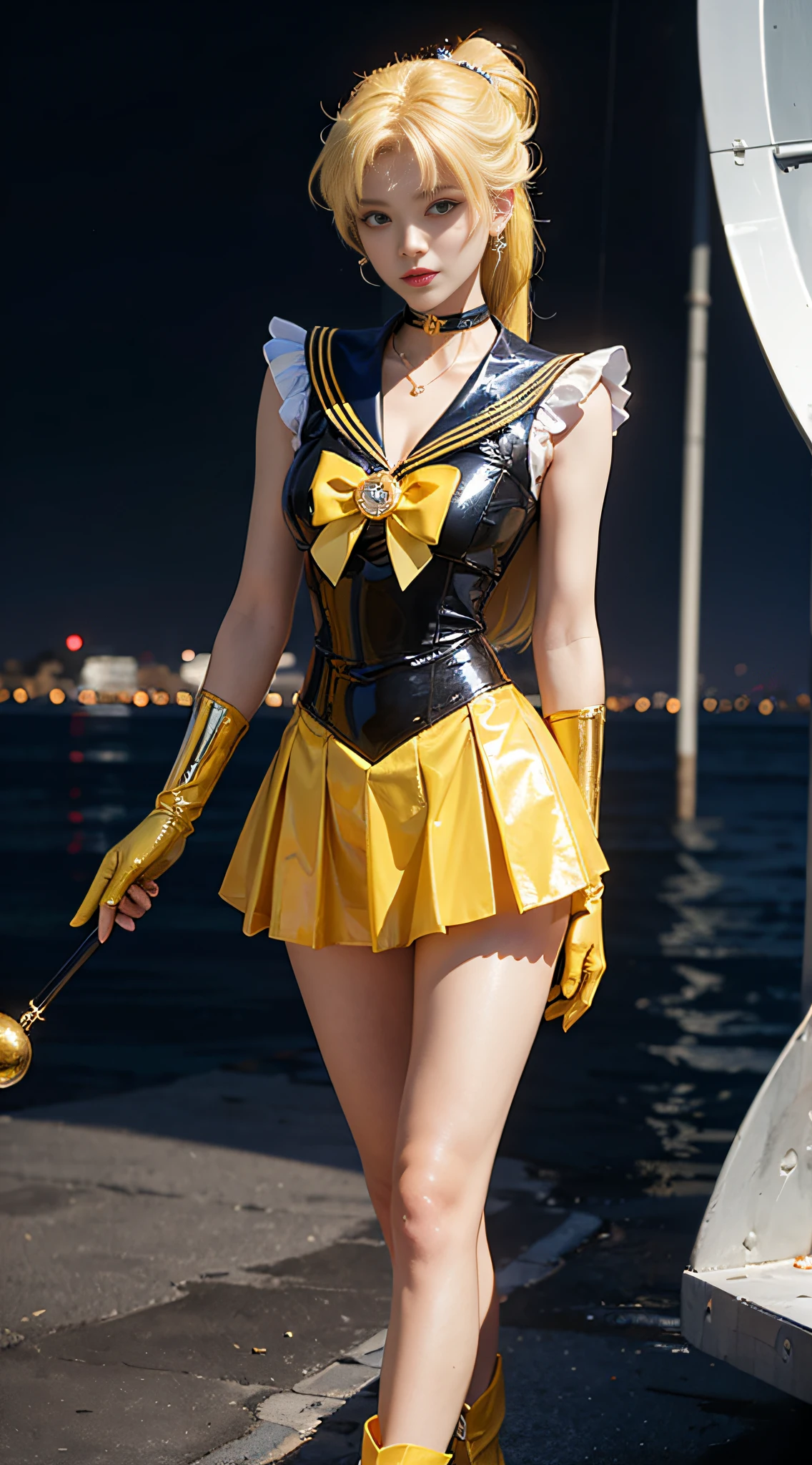 ((masterpiece:1.4)、(highest quality:1.4)、(Realistic:1.7))、Masterpiece:1.4、(Top-notch rendering:1.4)、14years old beautiful girl、(Beautiful Girl Sailor Moon:1.4)、MoonWild Rabbit、Body Fit Sexy Sailor Warrior Uniform、(Shiny latex:1.4)、(The jacket is a white sleeveless sailor suit....)、(Skirt Blue Sexy Ultra Ultra Pleated Mini Skirt)、The sailor suit collar has two thin blue lines...............、High leg swimsuit、Red cloth decoration on chest、(Wearing white gloves)、Cute Girl、Super Beauty、Sharp Focus、Portrait Photography:1.4、8K、Photorealistic images:1.4、(Perfect female body:1.4)、Perfect proportions、(Upper body shot:1.4)、Beautiful Face、Beautiful Eyes、(Narrow waist:1.4)、(9-body proportions beautiful girl:1.4)、(A beautiful girl with long legs and a good figure:1.4)、Beautiful feet:1.2、(Yellow Hair:1.4)、(Long Hair:1.2)、(ponytail:1.2)、Beautiful breasts、Large Breasts:1.2、sexy ass、Raw photo、Red lips、Red high heels:1.4、choker:1.4、necklace:1.4、Earrings:1.4、Gorgeous golden tiara:1.4、1 Screen Display:1.4、moon、universe、spaceship、Universe Station、City of the Future