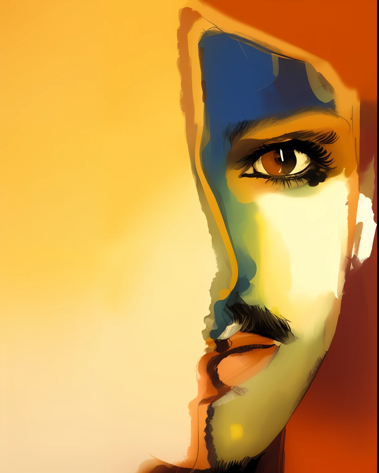 Painting of a man with a mustache and mustache on his face, demi-visage, Shady face, Portrait Digital Art, Portrait en clair-obscur, Autoportrait!!!!, looking intensely, Symmetrical portrait, demi-portrait, shaded face, Portrait abstrait, Face in the shadows, Spotlight au milieu du visage, digital art but photo, Focused gaze