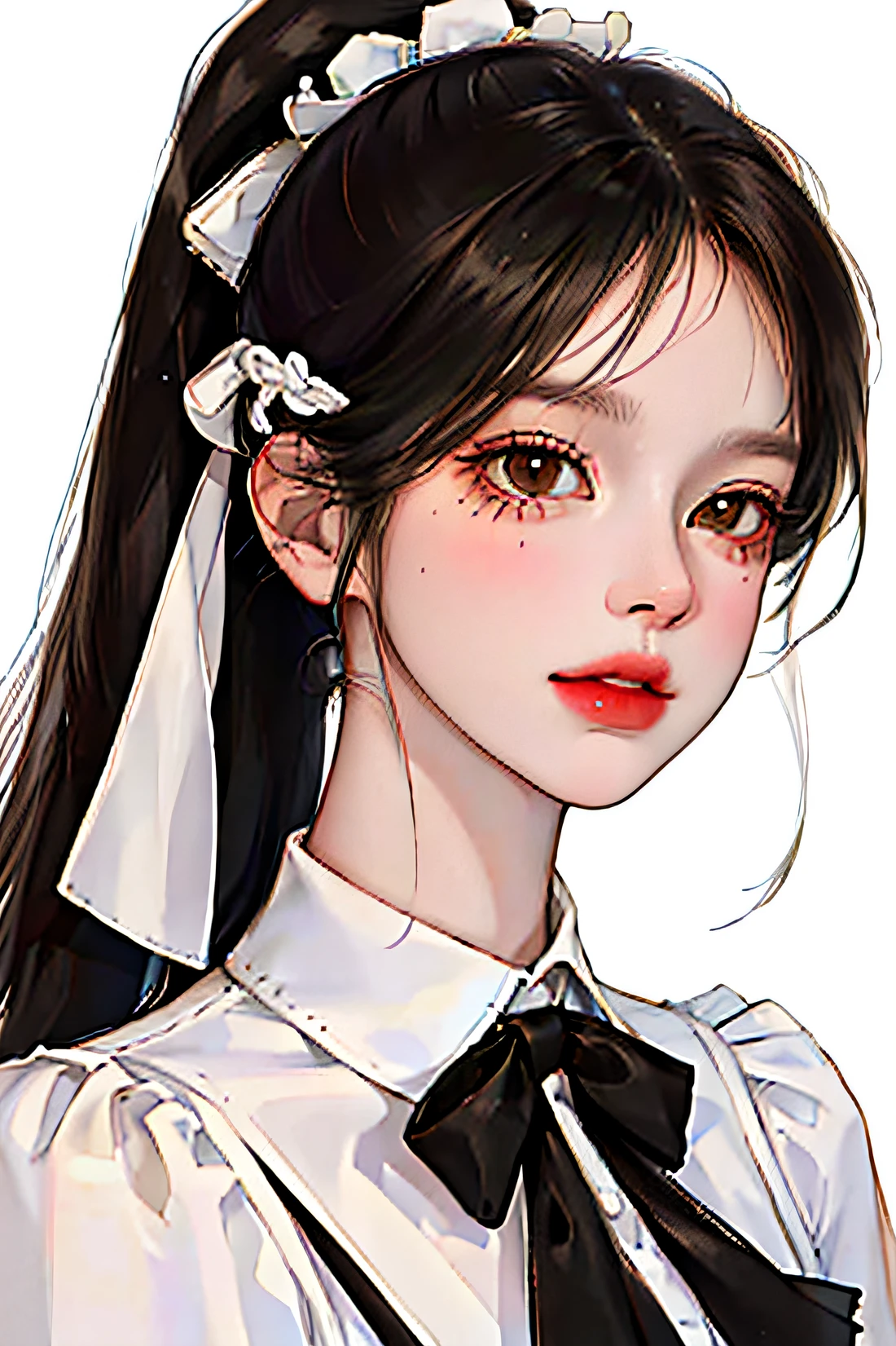 (highest resolution, distinct_image) The best quality, a woman, masterpiece, highly detailed, (semi-realistic), long black hair, long straight hair, black hair bangs, ponytail， bowtie headpiece，mature, cherry glossy lips, white background, close-up portrait, solid circle eyes, ************, beautiful face, fit body, brown eyes, wear white ruffled tops, high school student, wearing jewelry