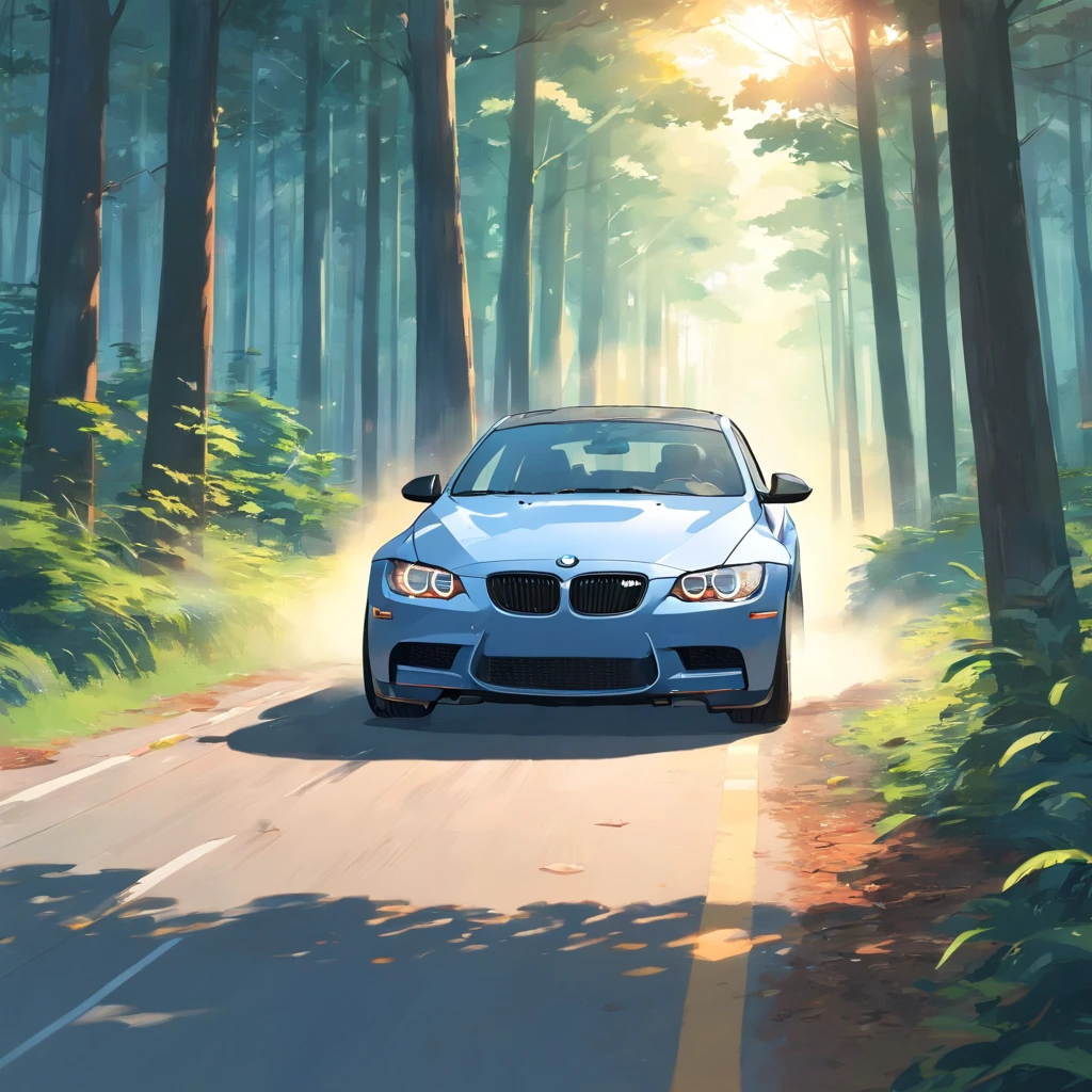 A grey bmw e92, riding in the forest, at dawn