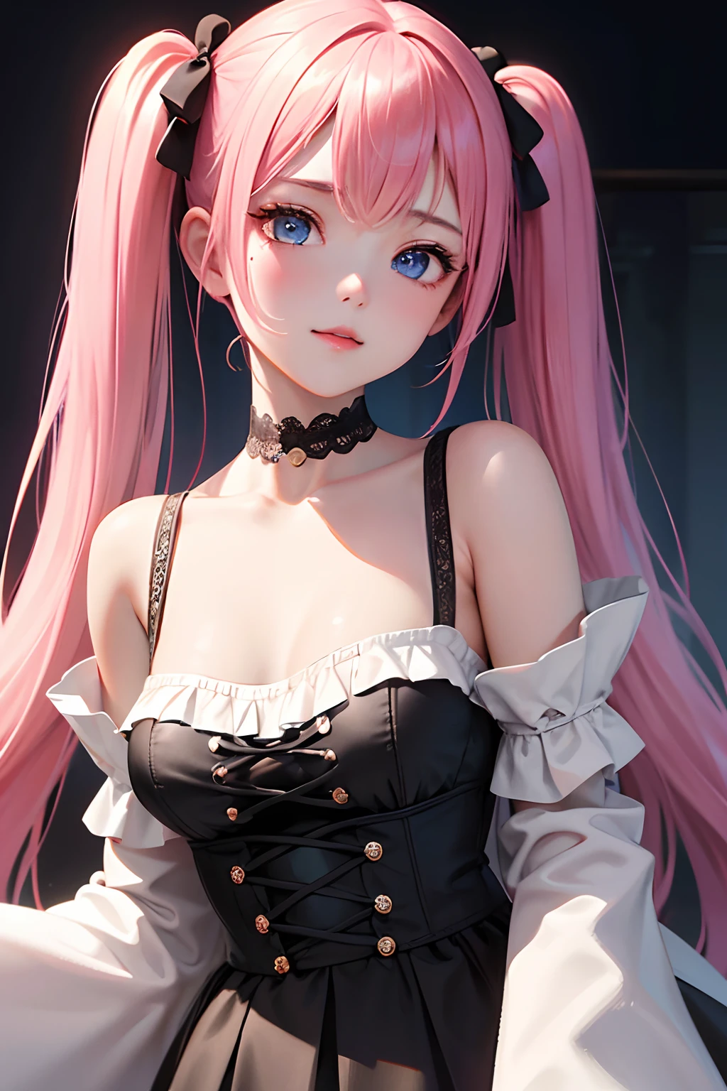 1girl in、looking at the viewers、
The upper part of the body、Beautiful blue eyes、Twin tails pink hair color、Moles under the eyes、Plump and glossy lips、Heart-shaped choker、gazing at viewer、smiling at the viewer、。.。.。.。.。.。.。.。.。.。.。.。.。.。.。.。.。.。.。.。.。.。.。.。.。.。.3D、realisitic、
Blouses with ruffles、Ultra mini skirt、florals、Lace trim、Luxurious rooms with luxurious décor、
masterpiece、top-quality、8K、detailed skin textures、Detailed Cloth Texture、beautifull detailed face、intricate-detail、ultra-detailliert、
Rim lighting、Side lighting、ciinematic light、超A high resolution、8K UHD、film grains、Best Shadow、delicated、gazing at viewer、front facing