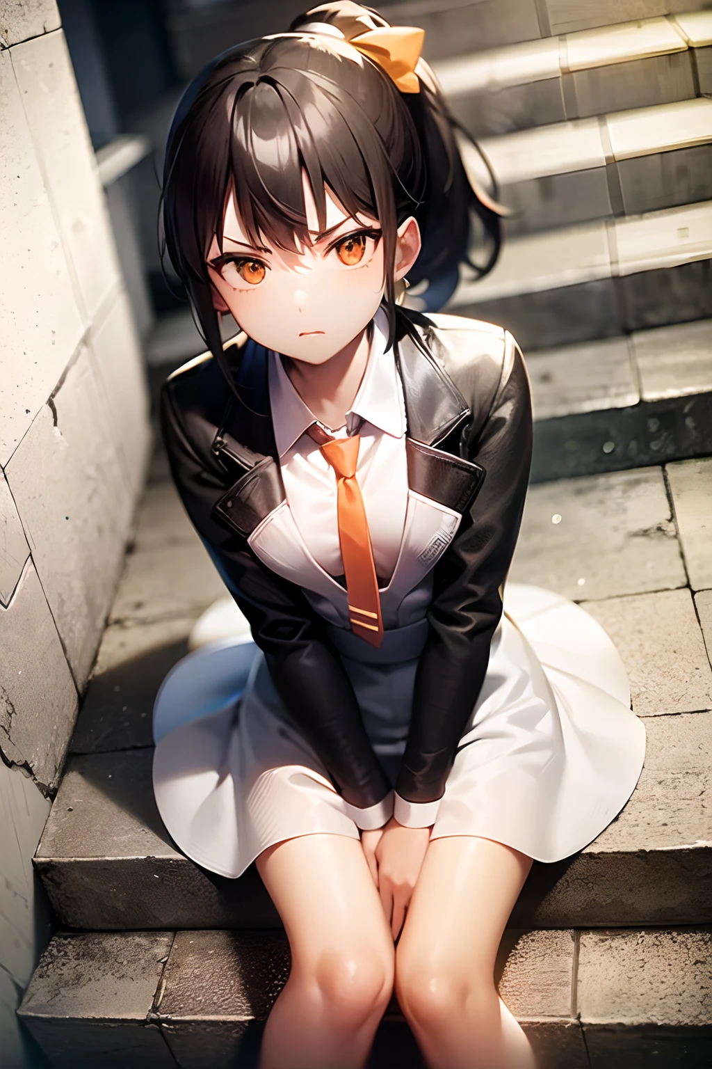 ((White dress:1.5)), ((Kyoto Animation Style)), super precision, masterpiece, very extremely beautiful, Princess Face, Boyish girl, shorth hair, Straight hair, Dark hair, Short ponytail, Black eyes, Smaller chest, BREAK, ((orange necktie)), cowboy shot, dynamicposes, Serious face, Inside the building, stairway, ((eye glass:-1)), Sit up, troubled eyebrow,
