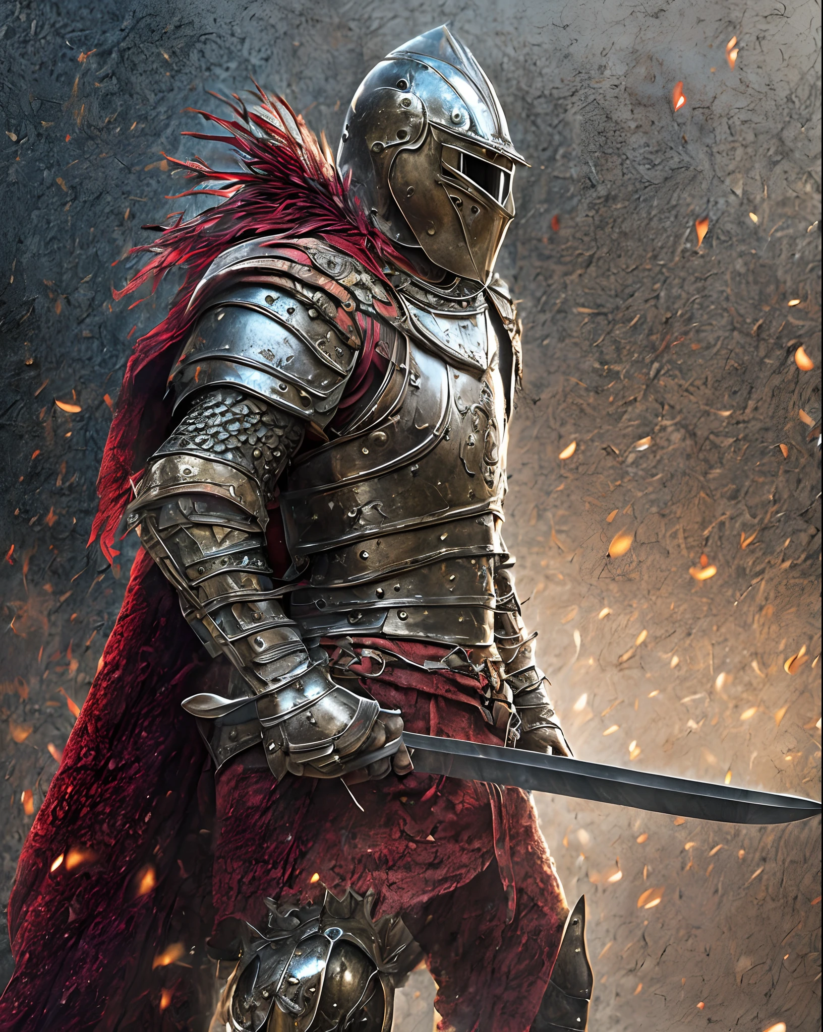 (a strong, fierce warrior standing in shiny, metallic armor),(best quality,ultra-detailed),(determined face,sharp focus),(medieval),(battlefield in the background),(vivid colors),(dusty atmosphere),(intense lighting),(heroic, powerful),(sword held high),(iron chainmail),(helmet with feather crest),(sturdy shield),(muscular physique),(dramatic pose)