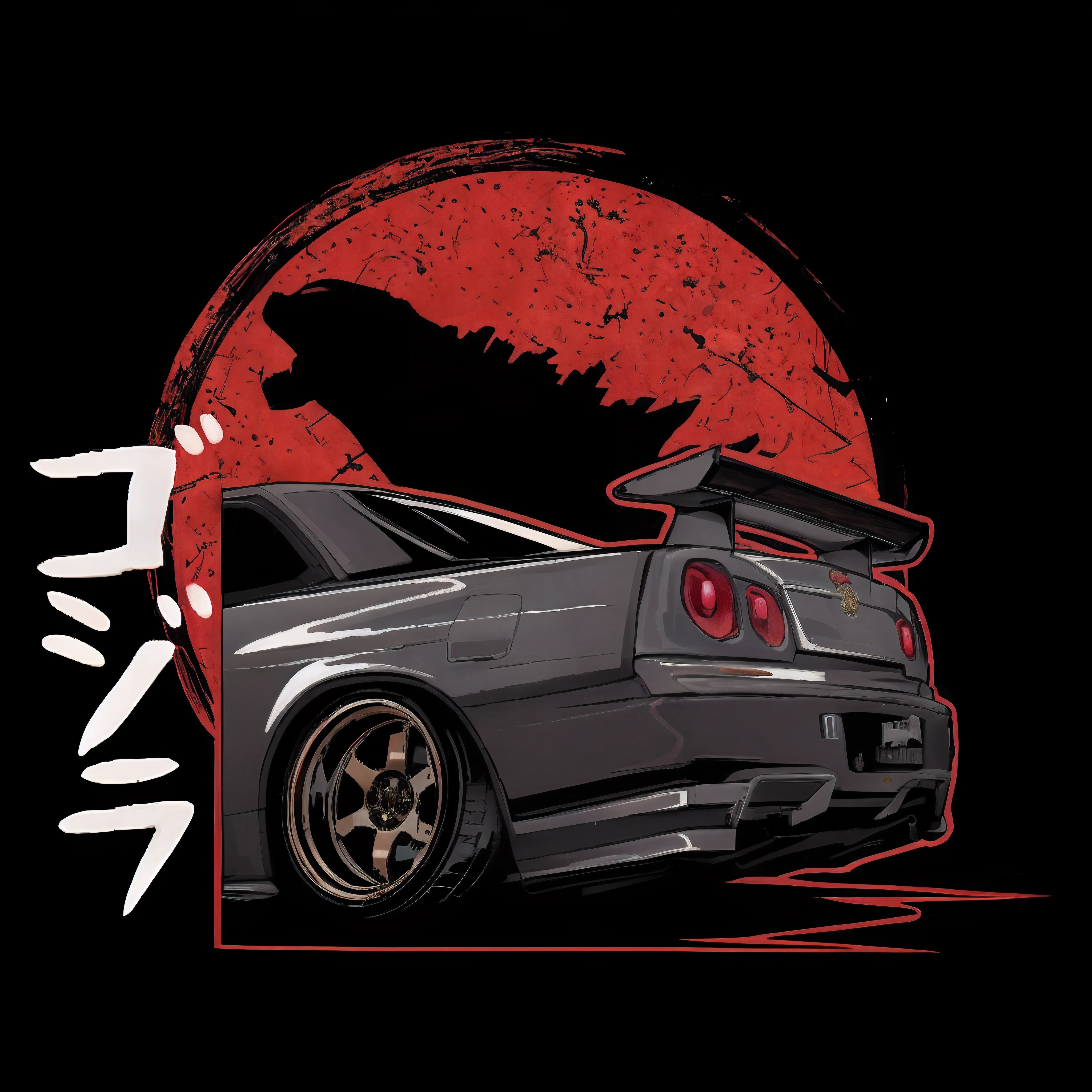 um close up de um carro com um fundo azul e uma lua azul, Nissan GTR R 3 4, japanese cartoon style, impressionante estilo de arte detalhado, akira style illustration, japanese drift car, Juntas Nissan R34 GTR, japanese art style, Akira vibra, inspired by Nōami, inspired by Kanō Hōgai