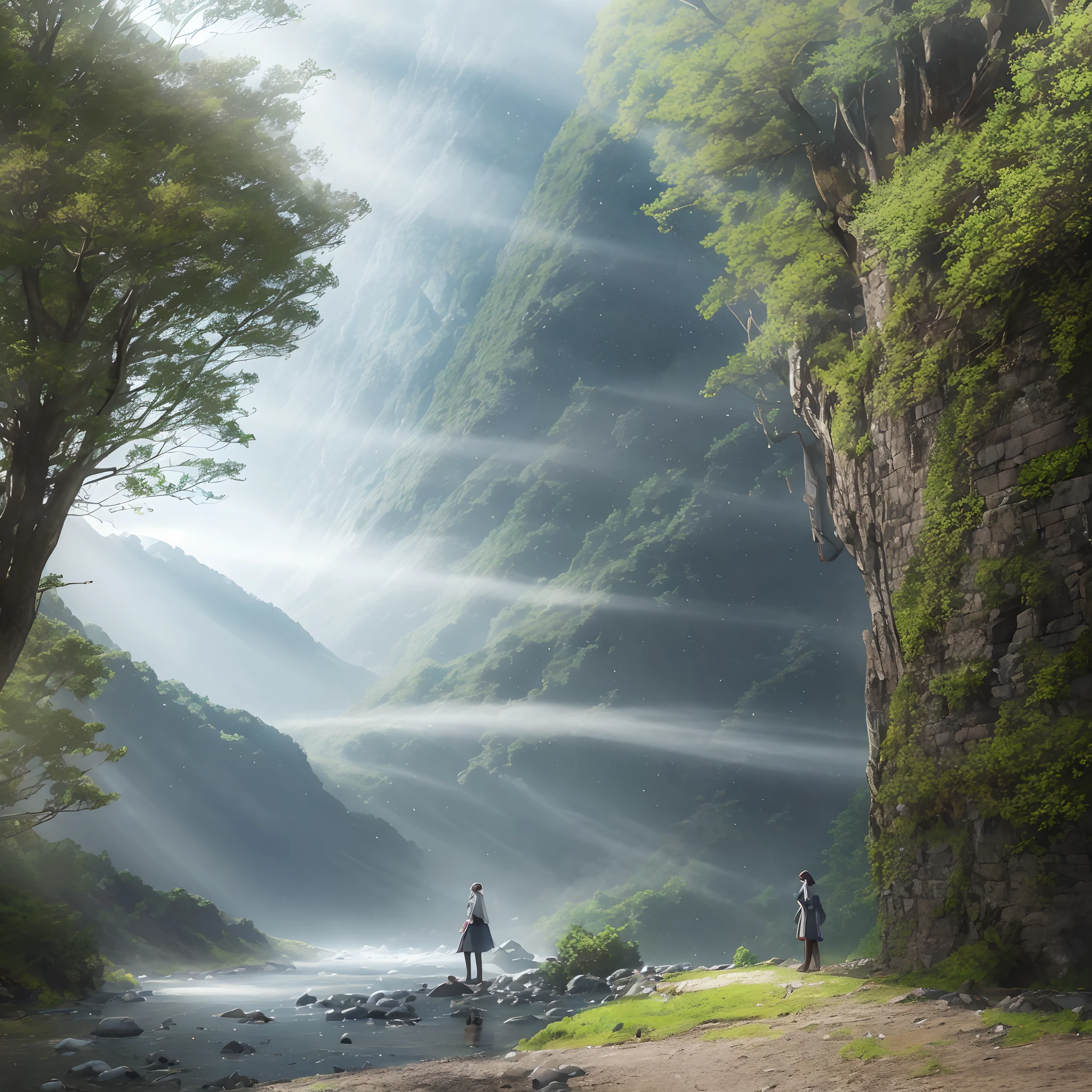 Light dappers ethereal over morning mist near a valley forged in dewdrops of crystal clear splendour
