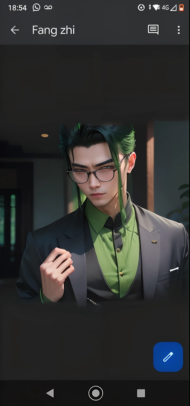Fang Zhi, homem, Chinese, oriental, cabelos longos e verdes, cabelos verdes, usa um penteado oriental , usa hanfu, Vampiro, homem vampiro, homem bonito, wears yellow glasses, is man, rosto fino e jovial, sem barba, corpo magro e fino, corpo de bailarino