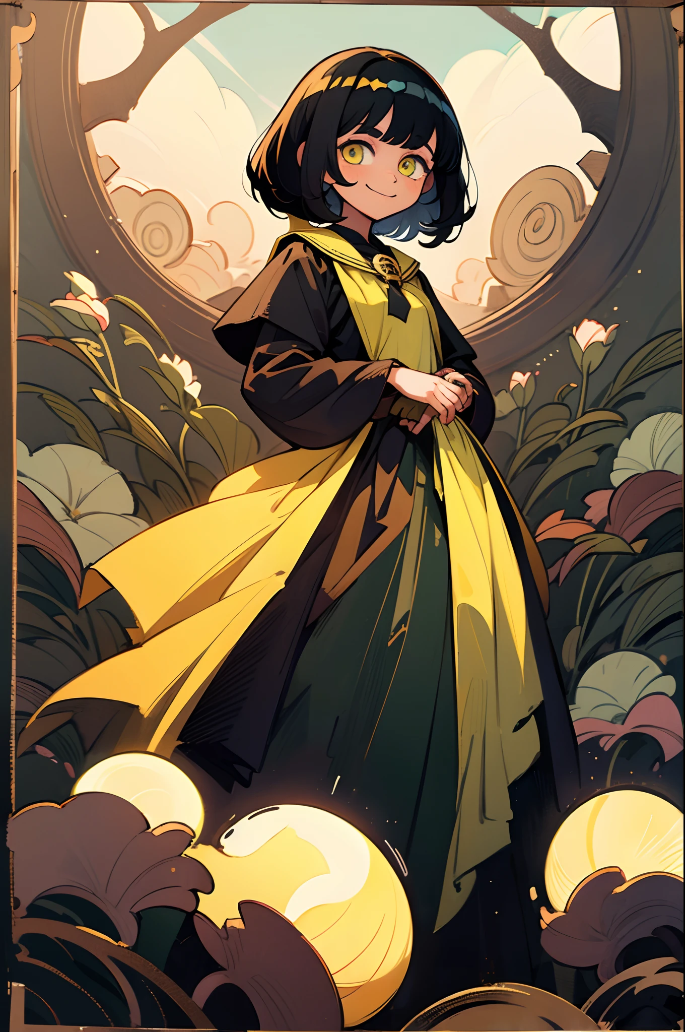 1girl, a young witch, ager, short black hair with classic spring cut bangs, yellow eyes with hints of green, fancy formal clothes, smiling, school photo, photos taken by school forcefully, school photos, photo
