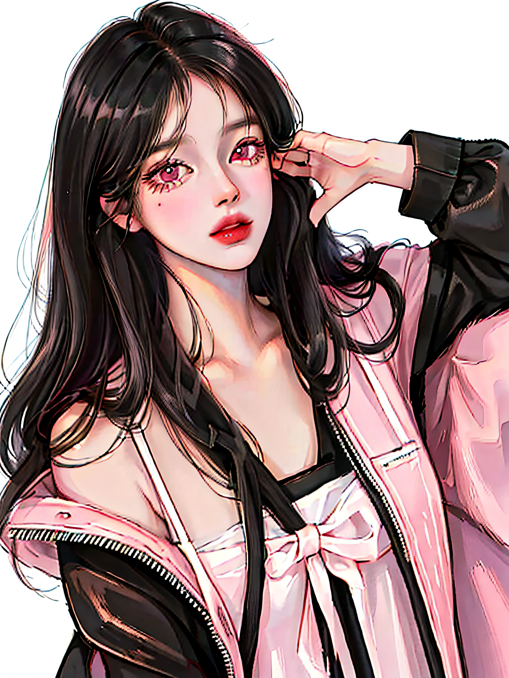 (highest resolution, distinct_image) The best quality, a woman, masterpiece, highly detailed, (semi-realistic), long black hair, long straight hair, black hair bangs,denim coat， pink eyes, mature, cherry glossy lips, white background, close-up portrait, solid circle eyes, minimalistic