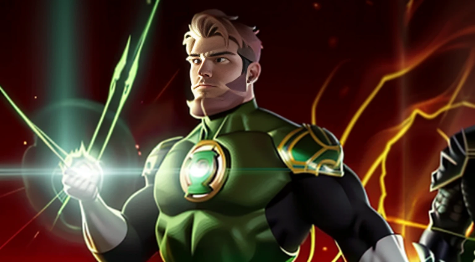 vivid magical mystical background.action-packed scene of a superhero who has the (((Poderoso anel brilhante))) do Lanterna Verde e a magia do furioso Doutor Estranho ((usando barba)) capa vermelha. The superhero must be in a mystical pose, conjuring a powerful spell with his ring and casting it at an enemy. anime fotorrealista de alto detalhe fine line art, octane render unreal engine 5 cinematic, Arte por James Lee, Jon McCoy e Mappa Studios