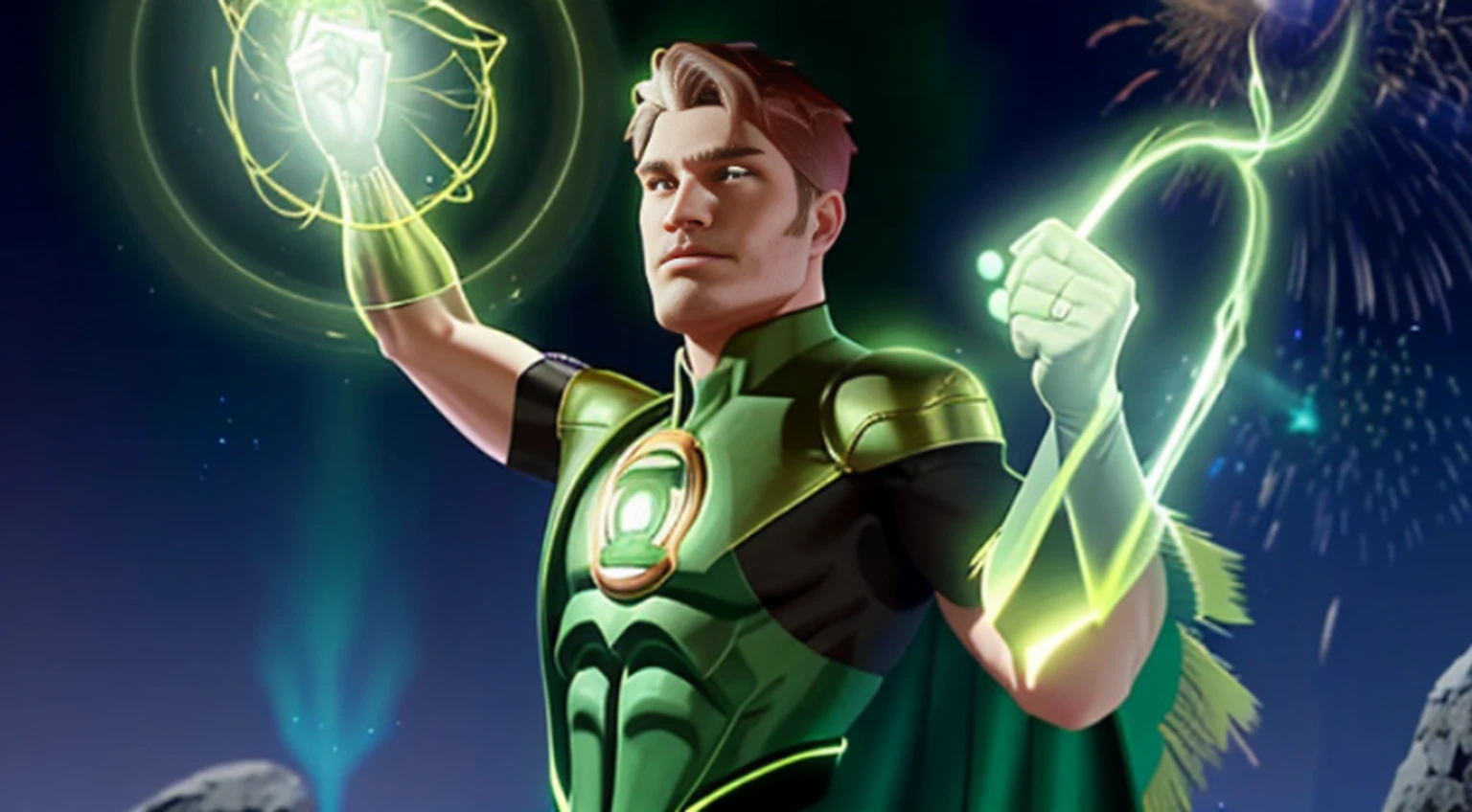 vivid magical mystical background.action-packed scene of a superhero who has the (((Poderoso anel brilhante))) do Lanterna Verde e a magia do furioso Doutor Estranho ((usando barba)) capa vermelha. The superhero must be in a mystical pose, conjuring a powerful spell with his ring and casting it at an enemy. anime fotorrealista de alto detalhe fine line art, octane render unreal engine 5 cinematic, Arte por James Lee, Jon McCoy e Mappa Studios