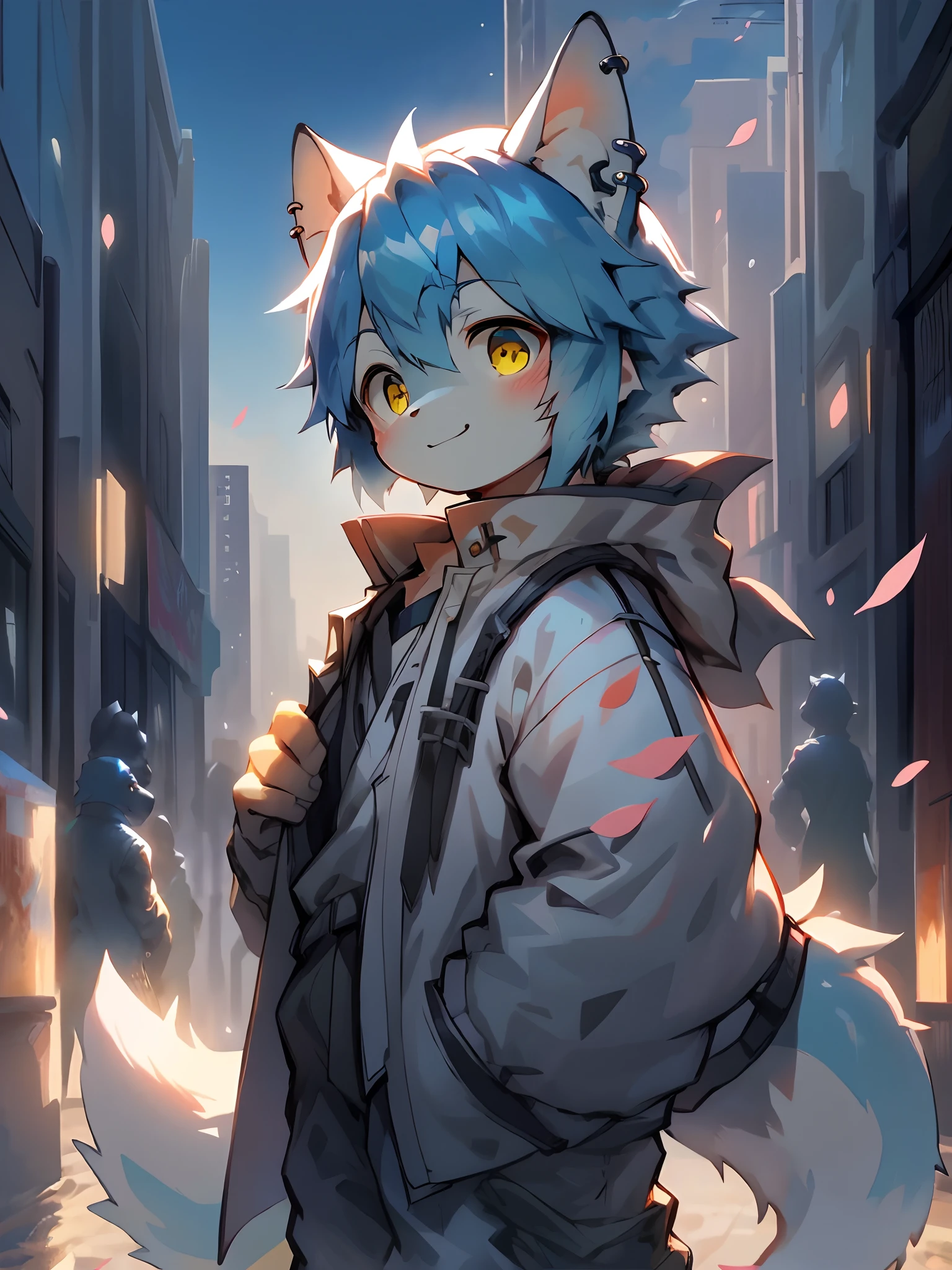 The cutest young happy and smiling fox boy, blue hair, yellow eyes, wearing trendy hip hop clothing, tons of tattoos and piercings, in downtown city metropolis, incredible highly detailed background, beautiful bright and sunny day, cherry blossoms blowing in the wind, ambient lights、Natural soft light、Tyndall effect, Advanced film lighting、Unreal Engine5、Extremely realistic、A high resolution、adolable,by Pino Daeni, canyne khai, milkytiger1145, Dagasi, Yupa, perfect masterpiece, high quality, high resolution