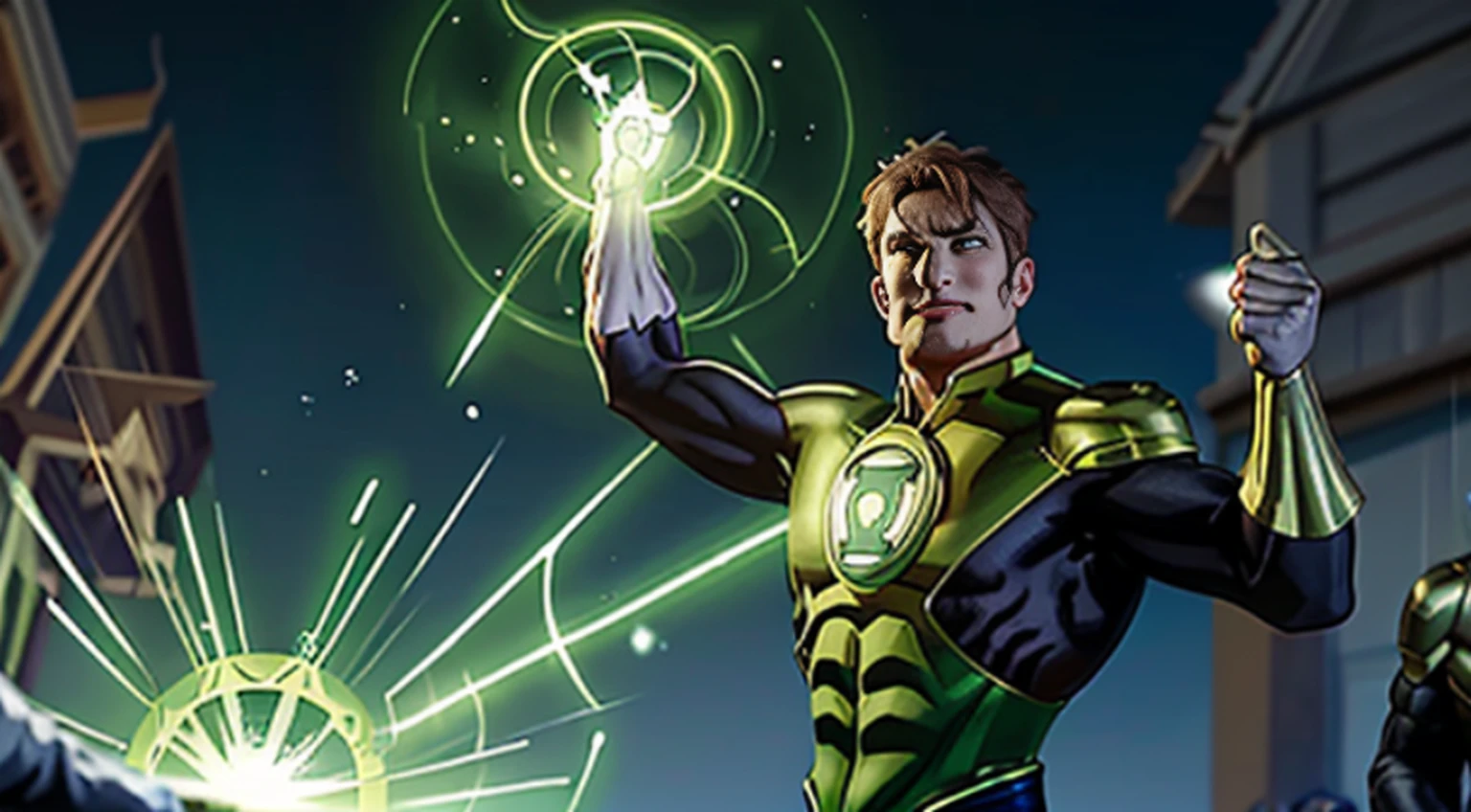 vivid magical mystical background.action-packed scene of a superhero who has the (((Poderoso anel brilhante))) do Lanterna Verde e a magia do furioso Doutor Estranho ((usando barba)) capa vermelha. The superhero must be in a mystical pose, conjuring a powerful spell with his ring and casting it at an enemy. anime fotorrealista de alto detalhe fine line art, octane render unreal engine 5 cinematic, Arte por James Lee, Jon McCoy e Mappa Studios