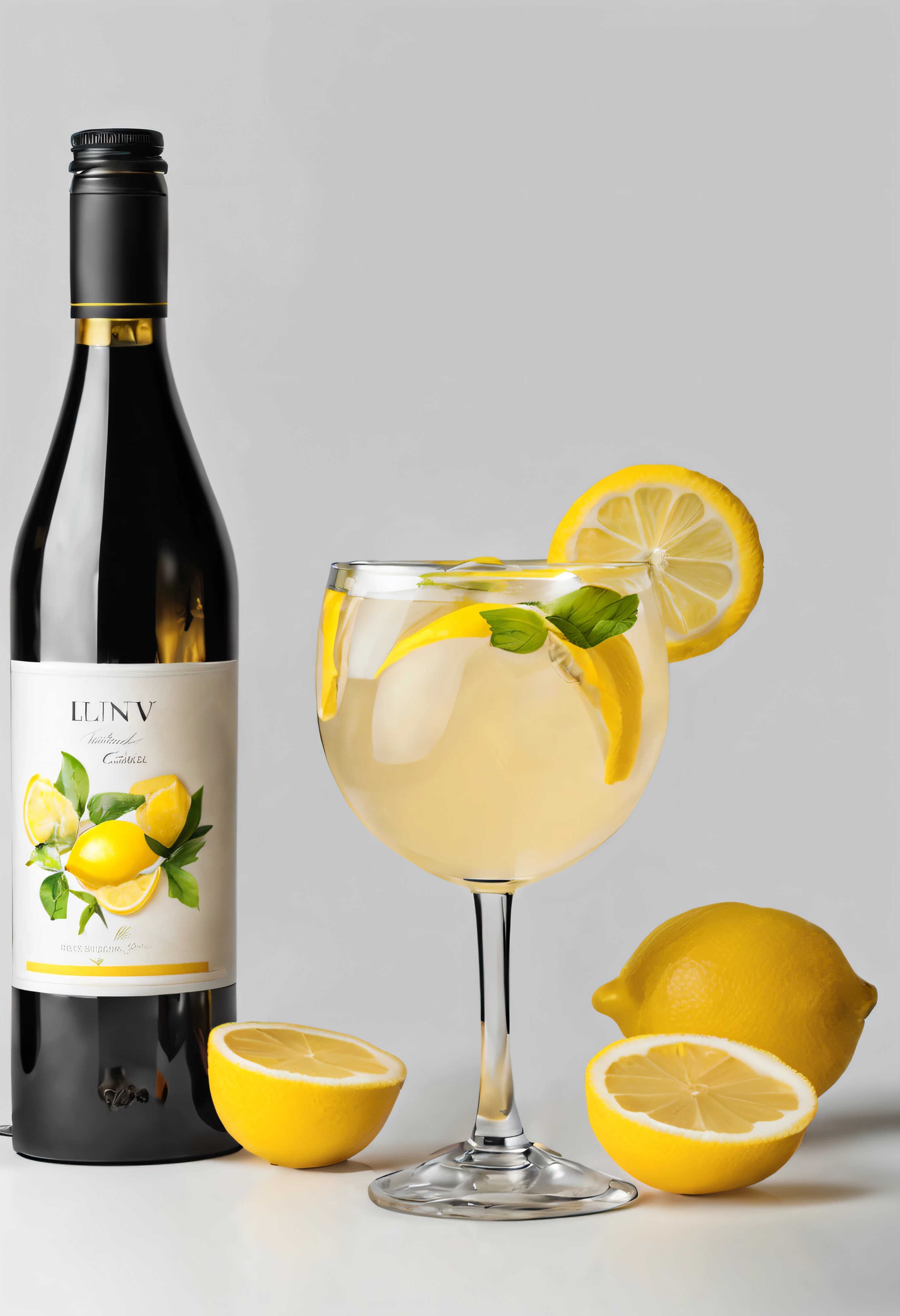 realistic image of cold drink in wine glass with lemon and umbrella white background