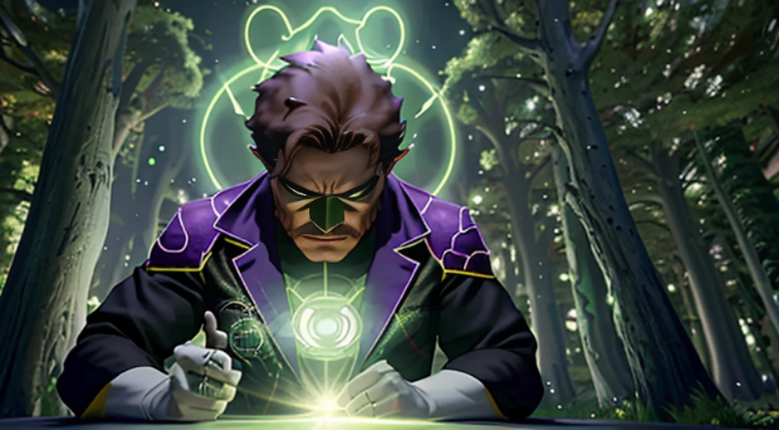 vivid magical mystical background.action-packed scene of a superhero who has the (((Poderoso anel brilhante))) do Lanterna Verde e a magia do furioso Doutor Estranho ((usando barba)) capa vermelha. The superhero must be in a mystical pose, conjuring a powerful spell with his ring and casting it at an enemy. anime fotorrealista de alto detalhe fine line art, octane render unreal engine 5 cinematic, Arte por James Lee, Jon McCoy e Mappa Studios