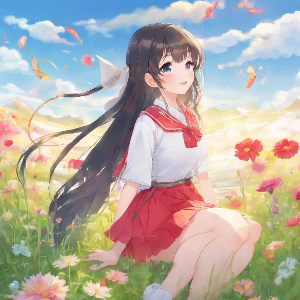 1girl, long black hair, gray eyes, wearing plain white shirt, red skirt, grassland, absurdres, high res, ultrasharp, 8K, masterpiece, looking at viewer, smiling, blue sky