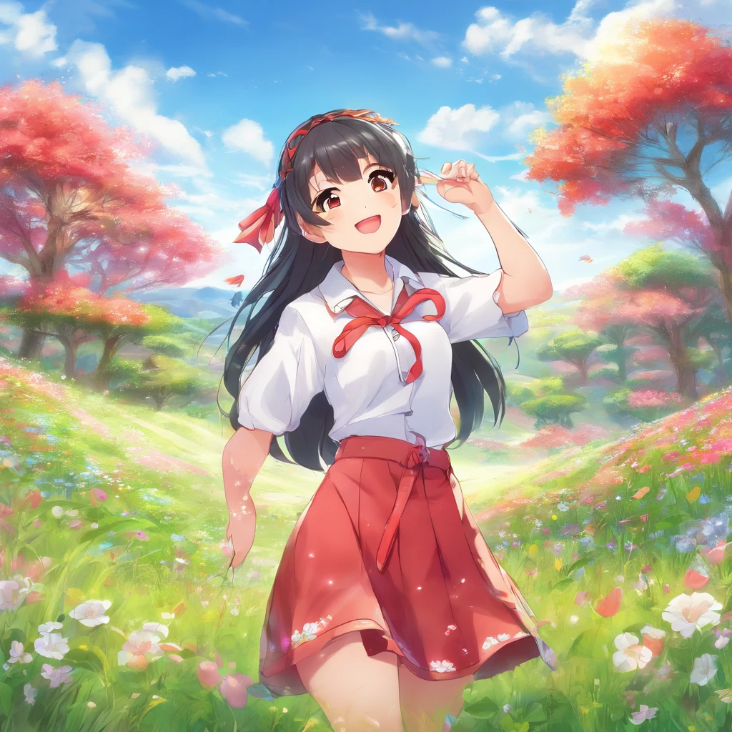 1girl, long black hair, gray eyes, wearing plain white shirt, red skirt, grassland, absurdres, high res, ultrasharp, 8K, masterpiece, looking at viewer, smiling, blue sky