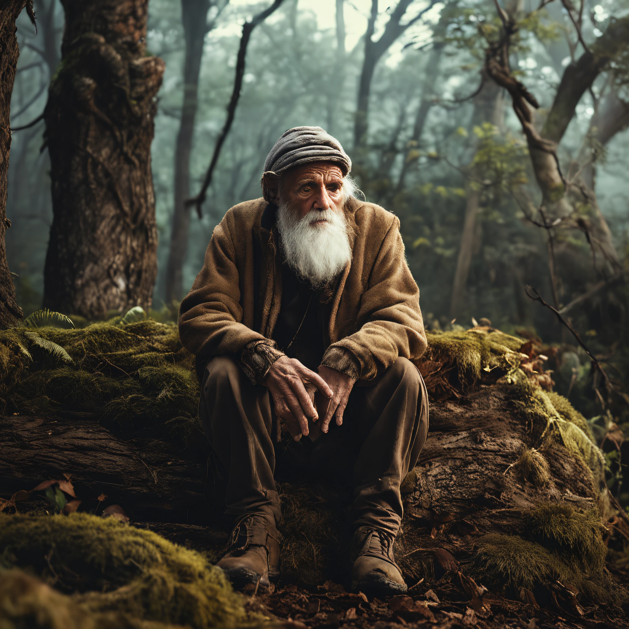 Old man, big white beard, sitting on tree stump, thoughtful and lost look, wise old man. Ancient realistic image, isolated place.