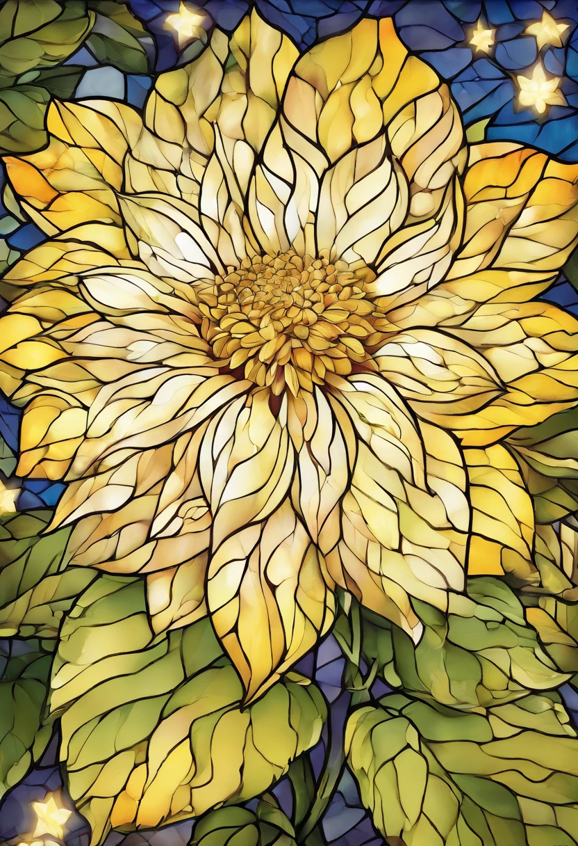 There are yellow flowers with stars in the background, a glowing delicate flower, Giant Dahlia Flower Head, Luminous flowers, Close-up of giant dahlia flower head, photorealistic detailed picture, Beautiful flowers, Drawing flowers, Yellow glowing magic, Rendered illustration, photorealistic highly detailed, Photorealistic Illustration, Highly detailed photorealistic, more detailed illustration, Beautiful glowing backlight, Light Bloom Sunlight, Hyperrealism, cinematic lighting, chiaroscuro, UHD, UHD, masterpiece, anatomically correct, super detail, high quality, award winning, best quality, highres, highres, 1080P, HD, 4K, 8k, 16k