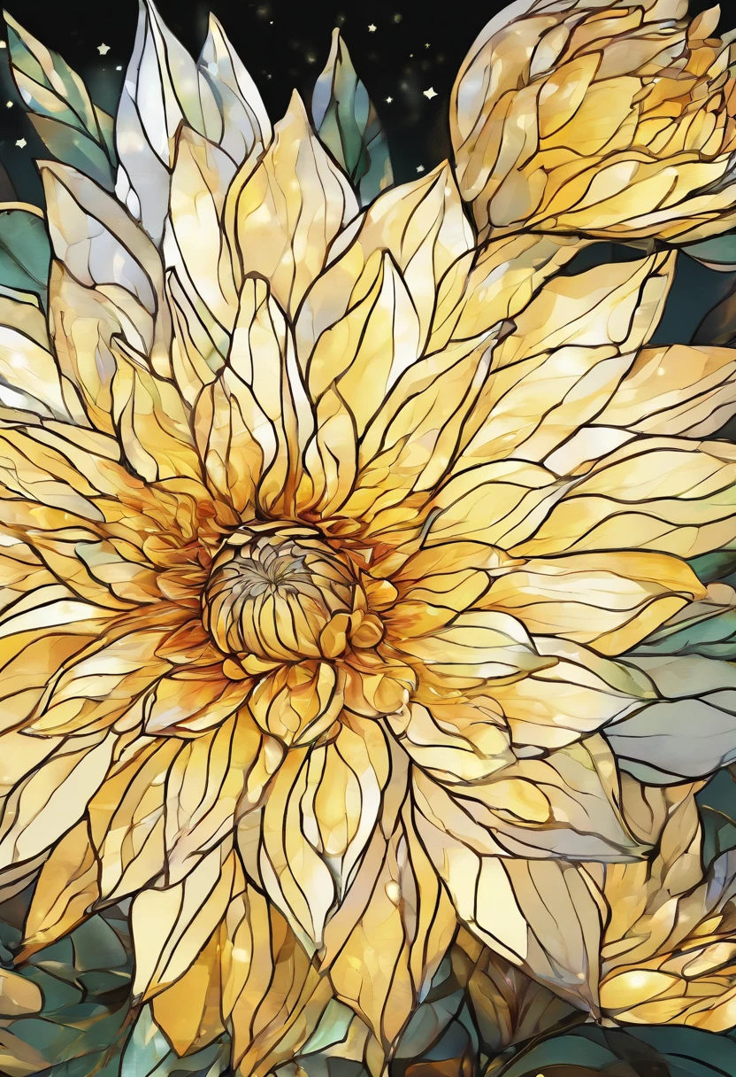hight resolution, 1080p, hard disk, 4K, 8K, 16K Race Beautiful, transparent, colorful and transparent glass,There are yellow flowers with stars on the background, a glowing delicate flower, Giant Dahlia Flower Head, Luminous flowers, Close-up of giant dahlia flower head, photorealistic detailed picture, Beautiful flowers, Drawing flowers, Yellow glowing magic, Rendered illustration, photorealistic highly detailed, Photorealistic Illustration, highly detailed photorealistic, more detailed illustration, Beautiful glowing backlight, Light Bloom Sunlight, Hyper-Realism, Cinematic lighting, Chiaroscuro, nffsw, nffsw, masutepiece, Anatomically correct, Super Detail, High quality, awardwinning, Best Quality,