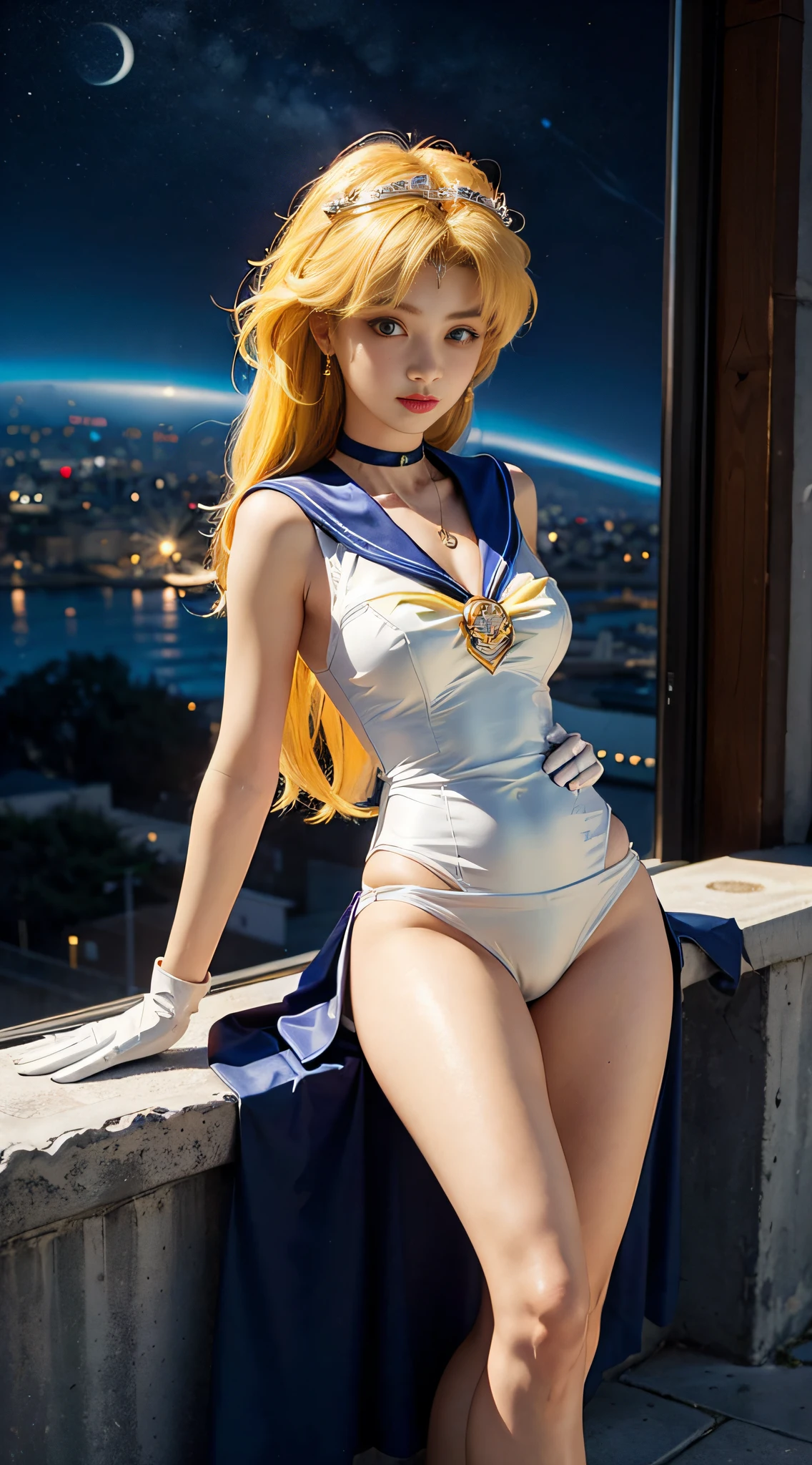 ((masterpiece:1.4)、(top-quality:1.4)、(reallistic:1.7))、masuter piece:1.4、a beauty girl、(Sailor Moon:1.4)、Tsukino Usagi、Body Fit Sexy Sailor Senshi Uniform、(latex shiny)、(The jacket is a white sleeveless sailor suit)、(Skirt is blue sexy ultra ultra mini skirt)、(White panties visible from the crotch:1.4)、The collar of the sailor suit is blue with two thin lines.、high leg swimsuit、Red cloth ornament at chest、(Wearing white gloves)、Kawaii Girl、Super beauty、foco nítido、Portrait photos、Upper body photography:1.4、beautiful countenance、beautidful eyes、Narrow waist、(Yellow hair:1.4)、(length hair:1.2)、Raw photo、red-lips、Red high heels:1.4、a choker:1.4、a necklace:1.4、耳Nipple Ring:1.4、Luxurious golden tiara on forehead:1.4、1 screen display、The landscape is a futuristic city spaceport