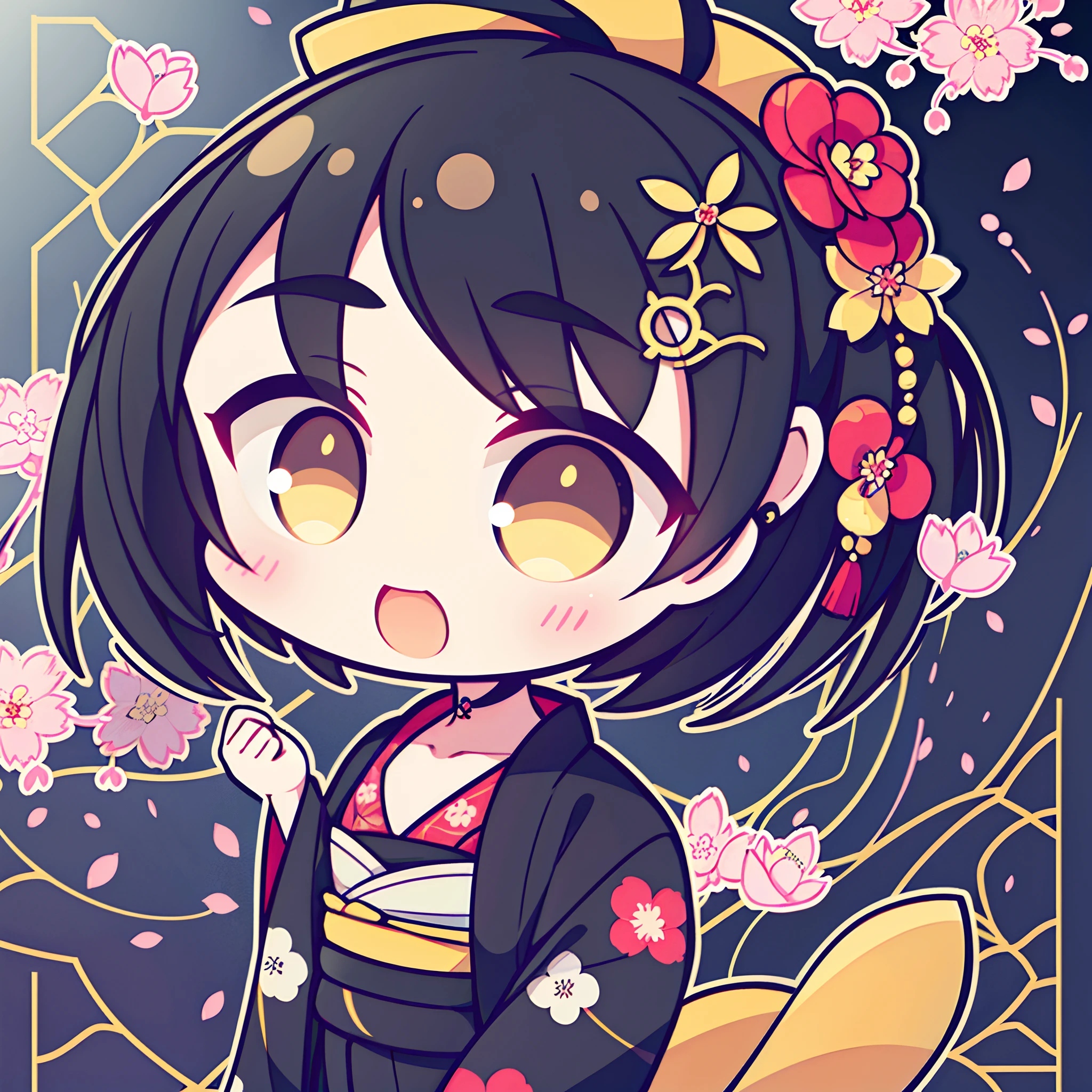 The cutest geisha chibi girl, black hair, yellow eyes, wearing  the most beautiful and highly detailed kimono, tattoos and piercings, cherry blossoms blowing in the wind, finely detailed graffiti background, perfect masterpiece, high quality, high resolution