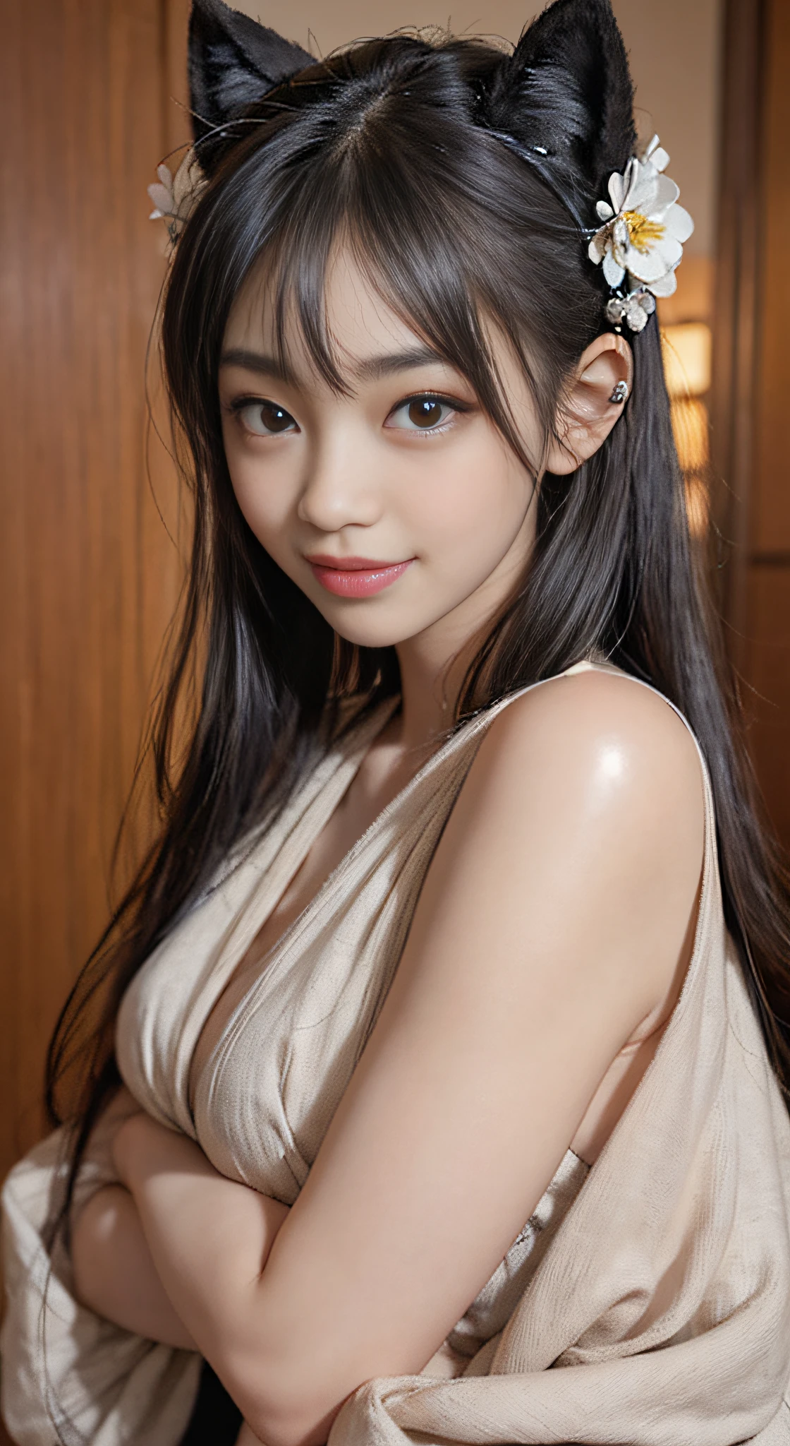 8k, highest quality, Real image, Intricate details, Super detailed, Ultra-high resolution, Depth Field,(practical,practical:1.2), Front view , From the center , 1 girl, eye_list, Very beautiful 17 year old girl, 无辜的大eye,(Huge breasts),Beautiful DD breasts:1.5、(非常细致的eye:1.2)、(Beautiful DD breasts:1.1)、curl、curl、bangs、, Perfect Skin, White skin, 裂けeye, Tight waist, A faint blush, Lonely, Looking at the audience, A faint smile、bikini、Bedroom