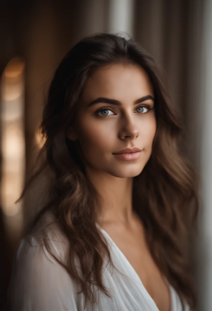 Femme arafed, fille sexy aux yeux bruns, Portrait, cheveux bruns et grands yeux, selfie of a young woman, Yeux de chambre, sans maquillage, maquillage naturel, looking straight at camera, Visage avec Artgram, Maquillage subtil, Superbe photo du corps entier, clivage, au centre commercial