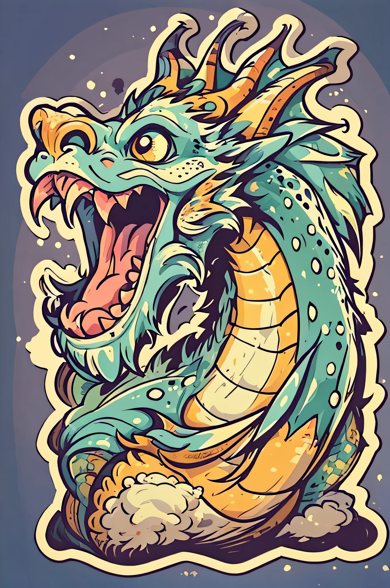(masterpiece), (best quality:1.4), cartoon sticker of dragon, vector art style, negative backgroung, 10 colors max, outline white white border, jagged edges, light shading,