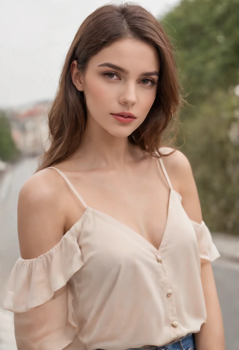 Canon EOS Rebel T7 camera, Realistic photo, Menina de 19 anos, rosto perfeito, Beautiful, 
fino, with short skirt and thin and transparent pantyhose, em pose sensual, erotic posing, choker on the neck, corpo atraente e sedutor, medium and pointed breasts, cintura fina, corpo sedutor, quadril grande, pernas longas e tonificadas, cabelo curto, cabelo do canal, nariz fino,sorrindo levemente, olhos levemente inclinados e sedutores, translucent strap blouse, luz ambiente natural, em uma avenida movimentada ao fundo ligeiramente desfocada, olhando para mim