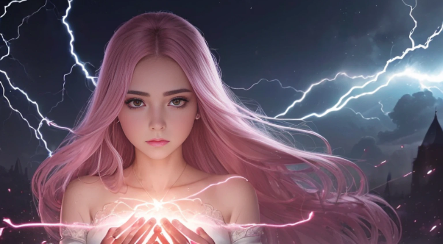 A woman in a light pink dress standing in a cherry forest, Artgerm, paisagem realista, Artgerm detalhado, olhos perfeitos, rosto perfeito, Ultra Detalhado, tiro de corpo inteiro, (?????????????: 1.5), realista, realista, (obra-prima: 1.5), arte conceitual, detalhes intrincados, altamente detalhado, realista, octane rendering, 8K, motor irreal, dinamic pose, melhor qualidade, alta resolução, (rosto realista: 1.1), (hiper-realismo: 1.1) , ((full_body)), olhos perfeitos, (pele brilhante: 1.2), ((penteado))), ((perfect hands))), (fundo muito detalhado), ((dynamic background), ((lightning), (lightning), ((1girl)), Vestindo um manto, (((Manto de fluxo))), ((Olhos detalhados, Olhos de alta qualidade, Rosto de alta qualidade)), vestido rosa claro extremamente complexos, magical robes), casting lightning, eletricidade, spinning flame, radiation, spark, smoke, magia, (dramatic), epic, campo de batalha, profundidade de campo, bokeh, 4k, gotica, cinzas, particules.